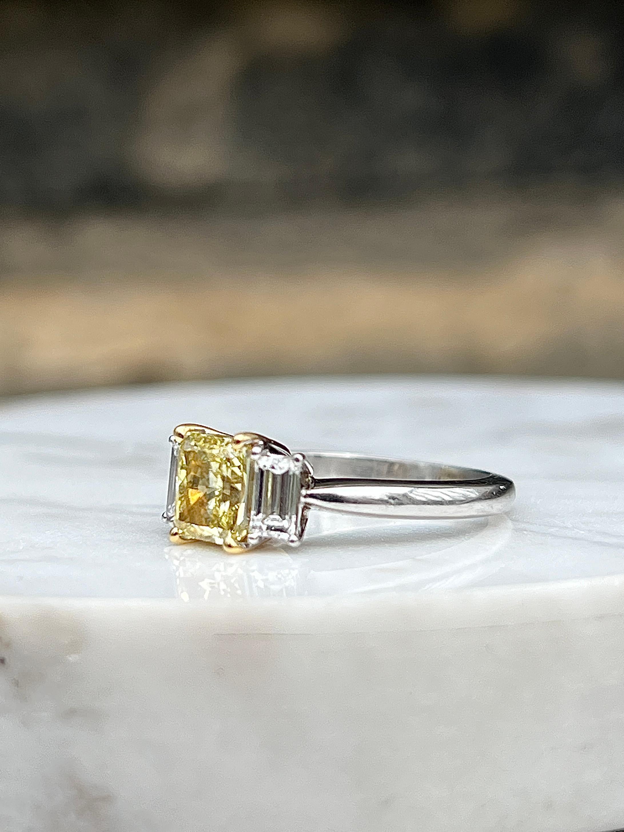 Contemporary 1.10 Carat Yellow Diamond Three Stone Platinum & Yellow Gold Engagement Ring