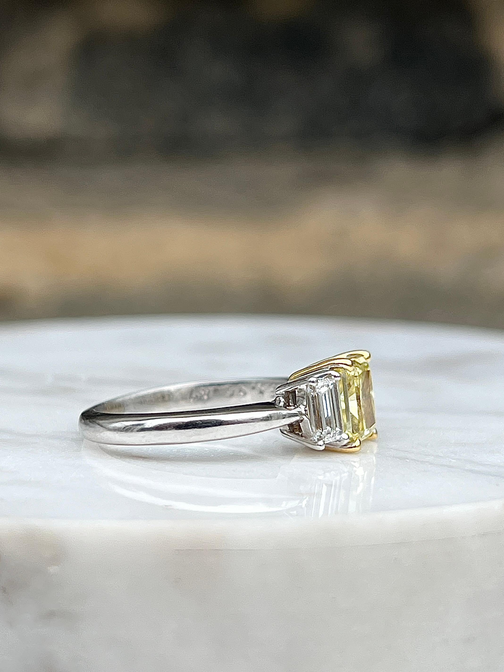 Radiant Cut 1.10 Carat Yellow Diamond Three Stone Platinum & Yellow Gold Engagement Ring