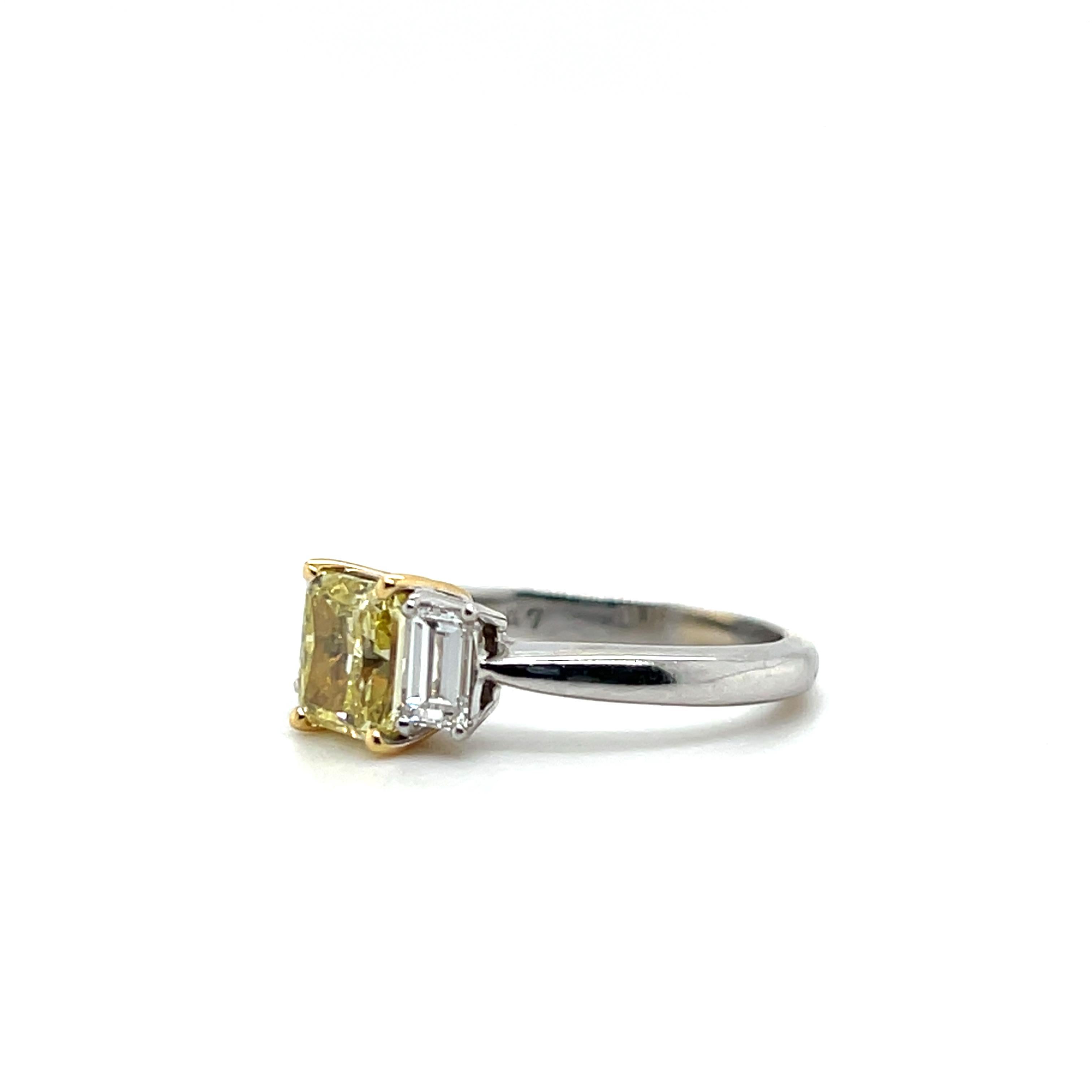 Women's or Men's 1.10 Carat Yellow Diamond Three Stone Platinum & Yellow Gold Engagement Ring