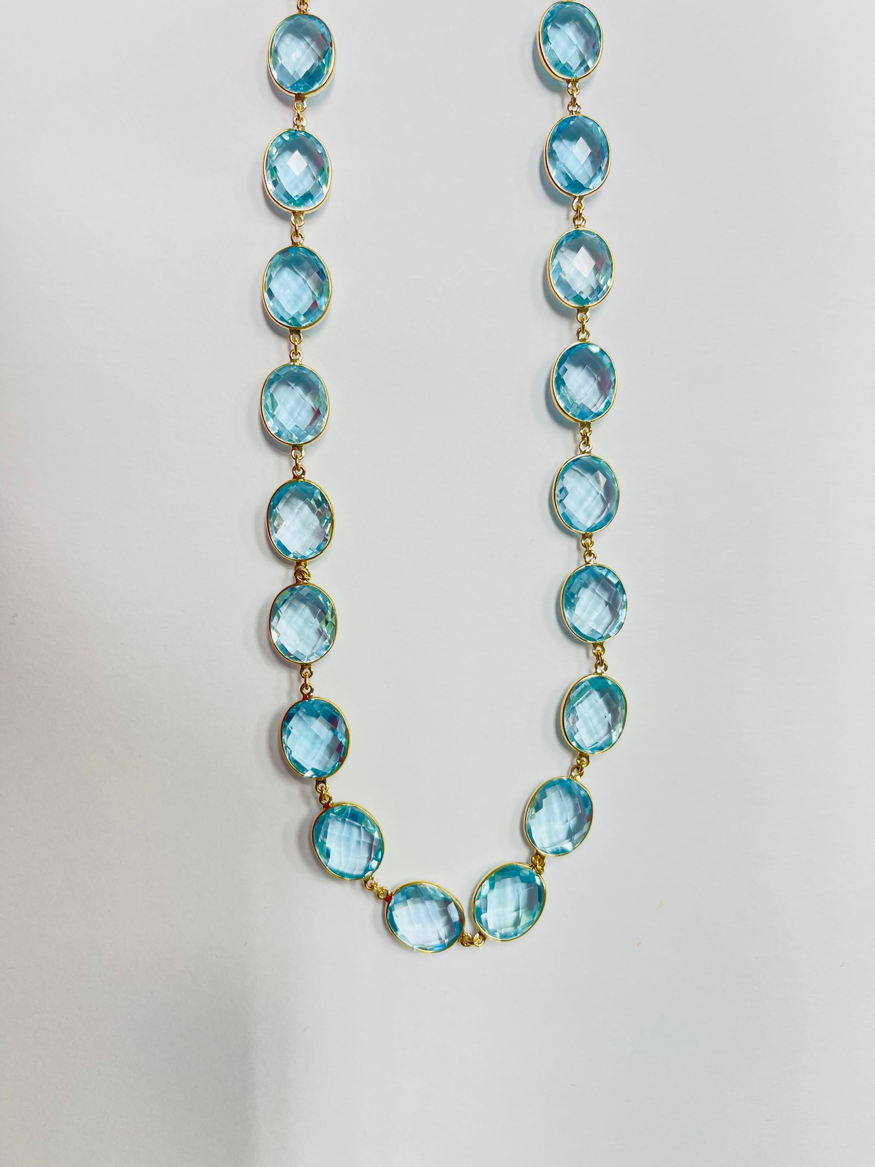 110 carats blue topaz necklace hand crafted in 18k yellow gold. 
The details are as follows :
Blue topaz weight : 110 carats 
Metal : 18k yellow gold 
Length : 18