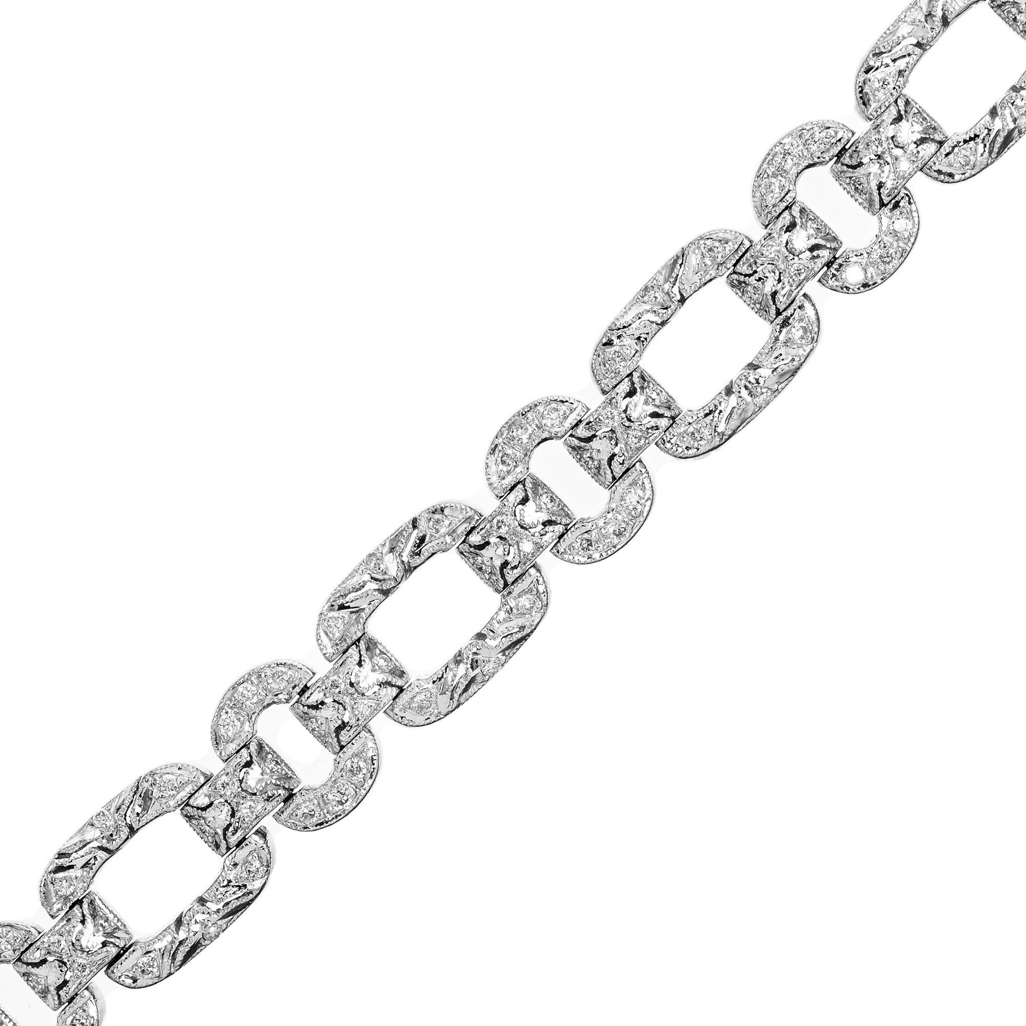 Round Cut 1.10 Carats Diamond Bead Set Hand Engraved Gold Link Bracelet For Sale