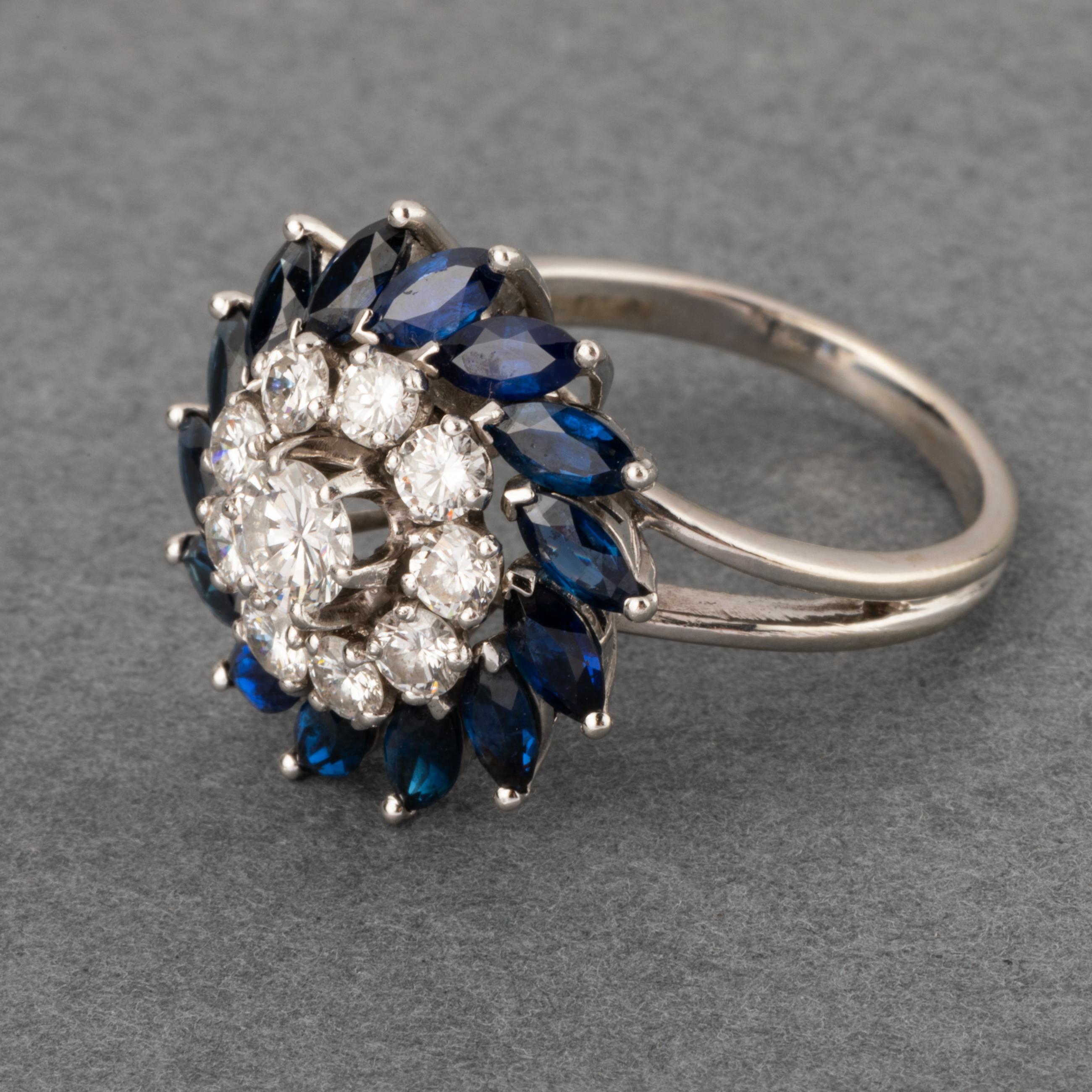 1,10 Karat Diamanten und Saphire Französischer Vintage-Ring Damen im Angebot