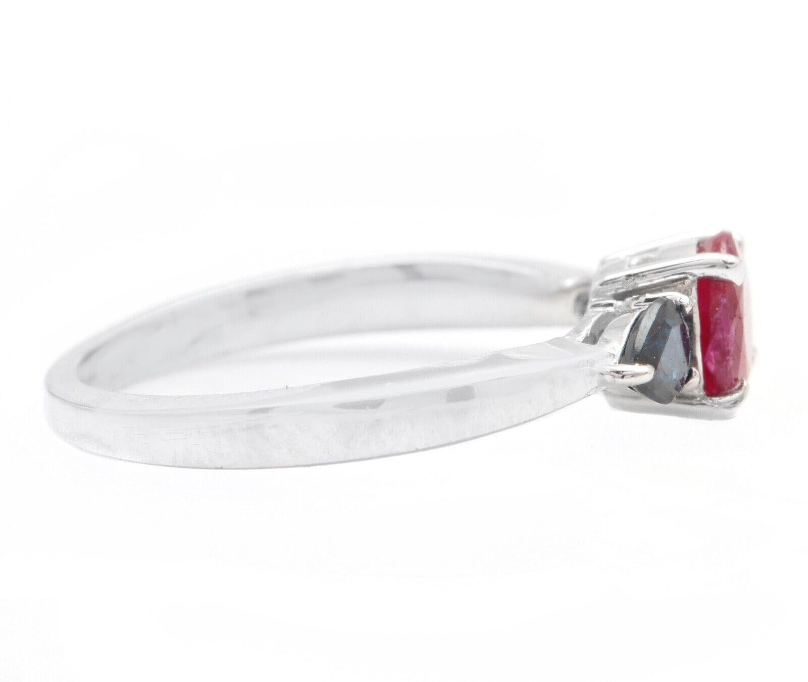 Mixed Cut 1.10 Carats Exquisite Natural Ruby and Sapphire 14k Solid White Gold Ring For Sale