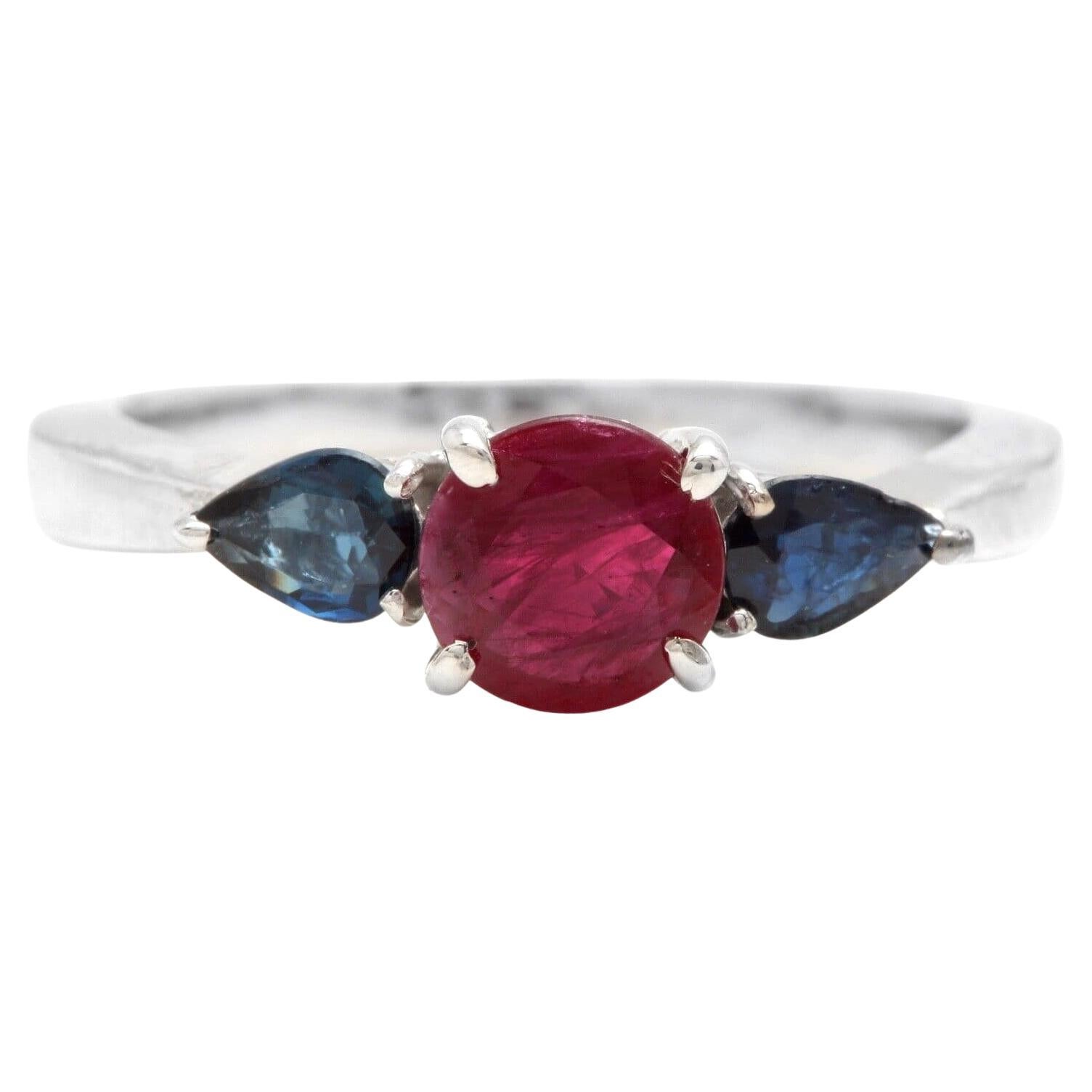 1.10 Carats Exquisite Natural Ruby and Sapphire 14k Solid White Gold Ring