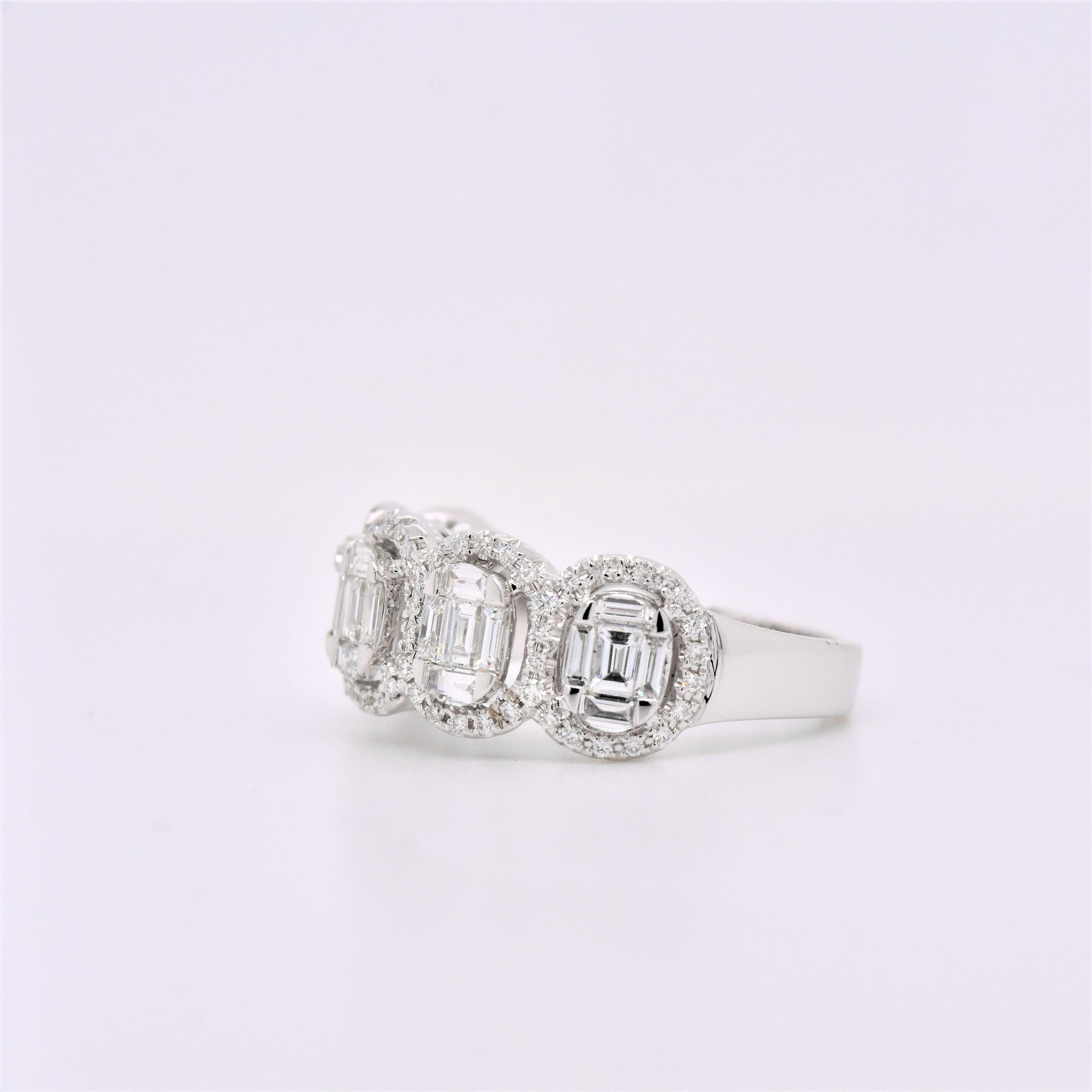 Take her breath away with this exceptional diamond ring. Beautifully crafted in cool 18K White Gold, this ring features five parts of five brilliant baguette-cut diamonds, each framed with round accent diamonds, and aligned in a clever stepped