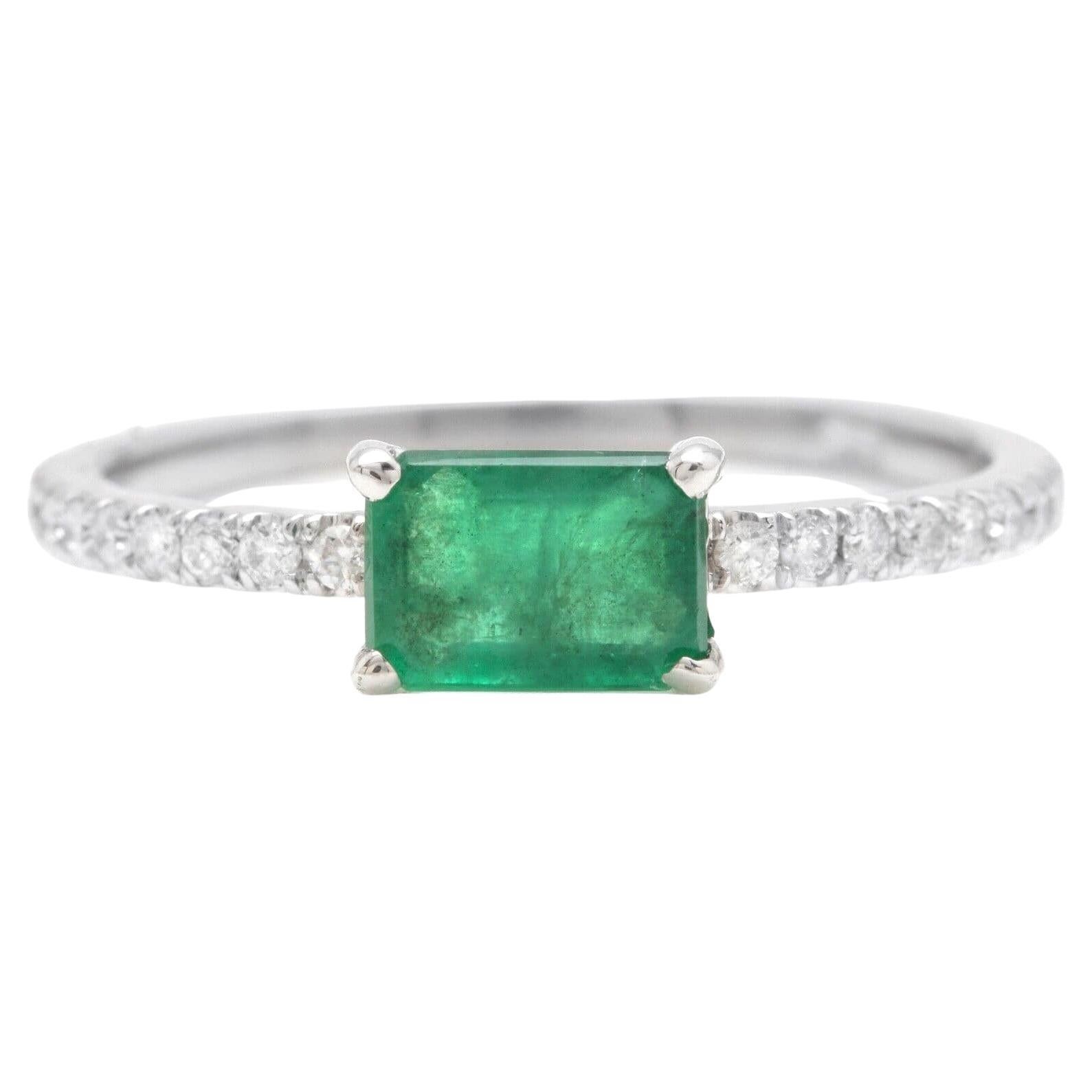 1.10 Carats Natural Emerald and Diamond 14K Solid White Gold Ring For Sale