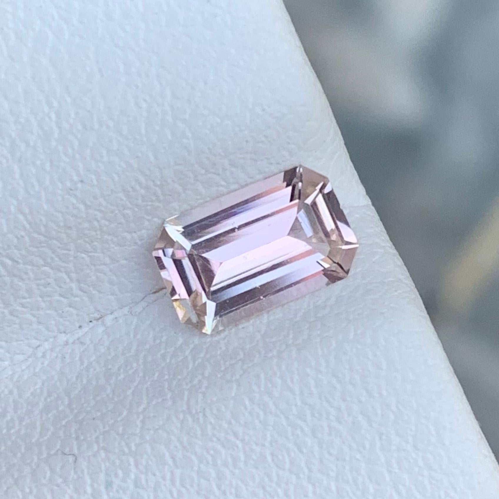 Faceted Tourmaline 
Weight: 1.10 Carats 
Dimension: 8.1x5.2x3.3 Mm
Origin: Afghanistan 
Color: Pale Pink
Shape: Emerald 
Clarity: Eye Clean
Certificate: On Demand 
With a rating between 7 and 7.5 on the Mohs scale of mineral hardness, tourmaline