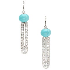 1.10 Carat Round Brilliant Diamond and Fine Turquoise Earrings in Platinum