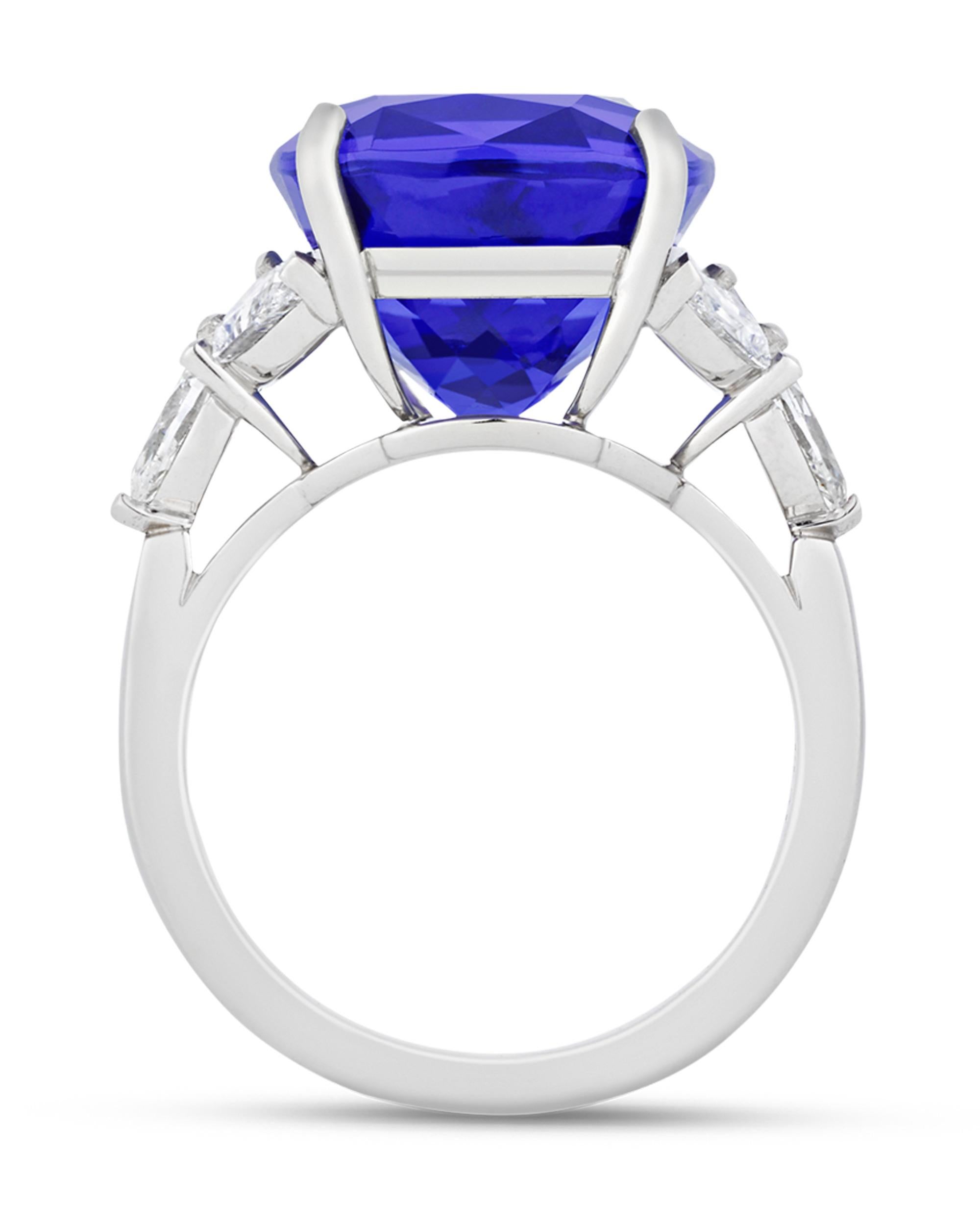 This cushion-cut tanzanite’s desirable violetish-blue hue is captivating. Certified as originating in Tanzania, the gem is joined by 1.39 carats of pear-shaped white diamonds in classic platinum settings.

M.S. Rau presents a collaboration with