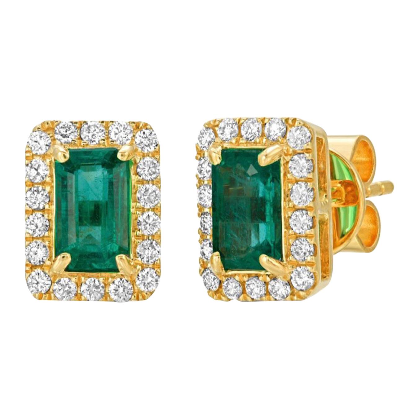 1.10 Ct Colombian Emerald & 0.30 Ct Diamonds in 14k Yellow Gold Stud Earrings For Sale