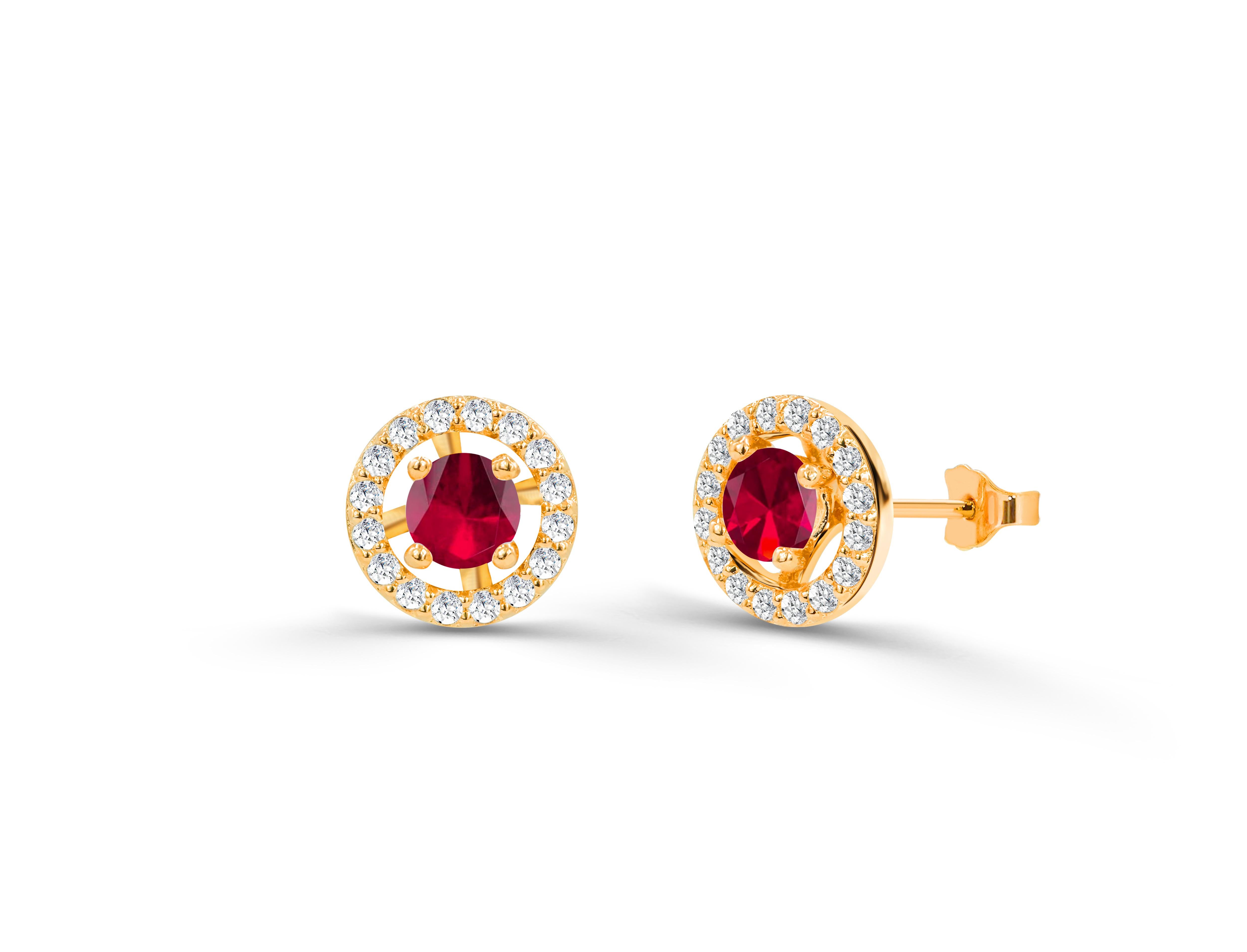 Modern 1.10ct Emerald, Ruby and Sapphire Halo Studs Earrings with Diamonds in 14k Gold For Sale