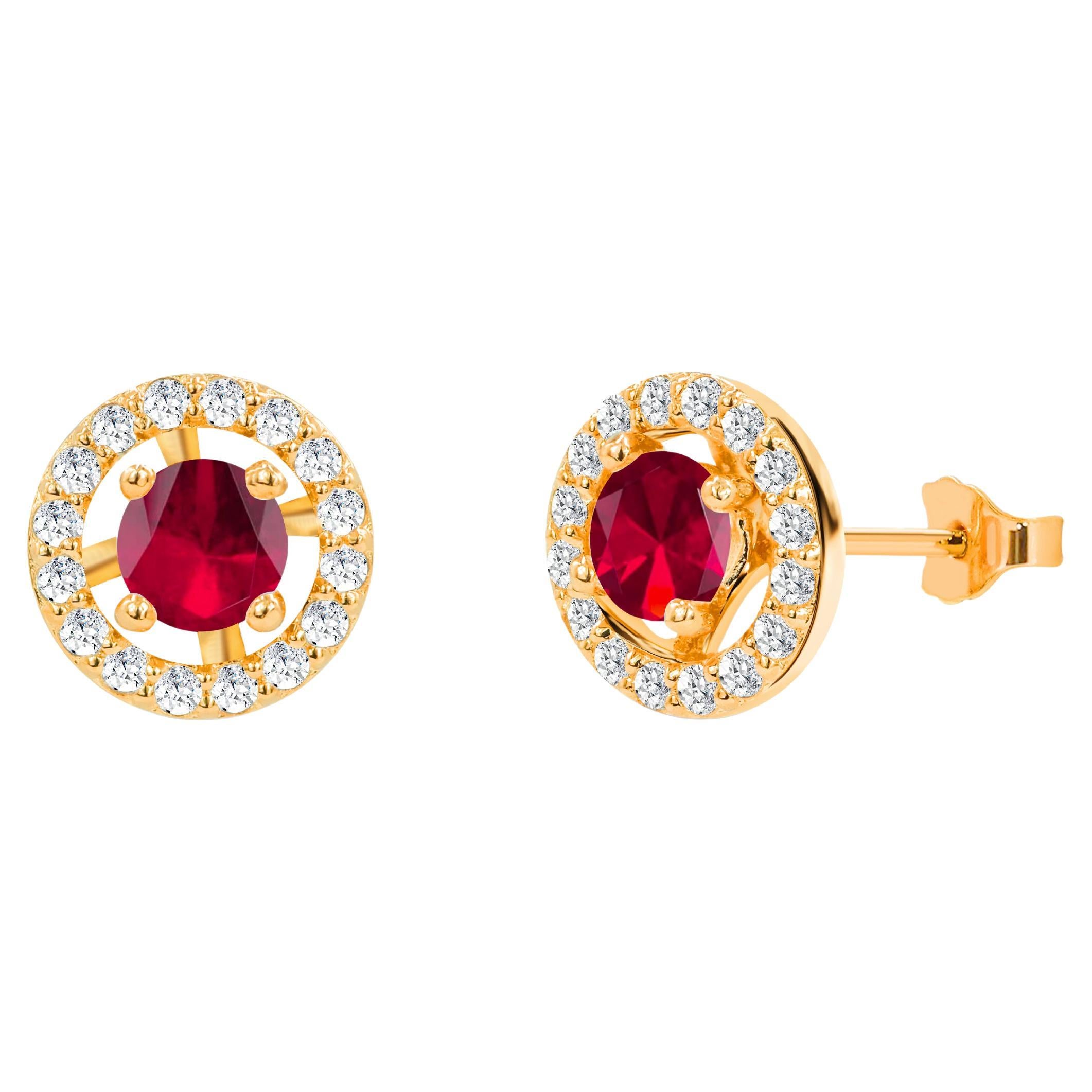 1.10ct Emerald, Ruby and Sapphire Halo Studs Earrings with Diamonds in 14k Gold For Sale