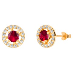 1.10ct Emerald, Ruby and Sapphire Halo Studs Earrings with Diamonds in 14k Gold