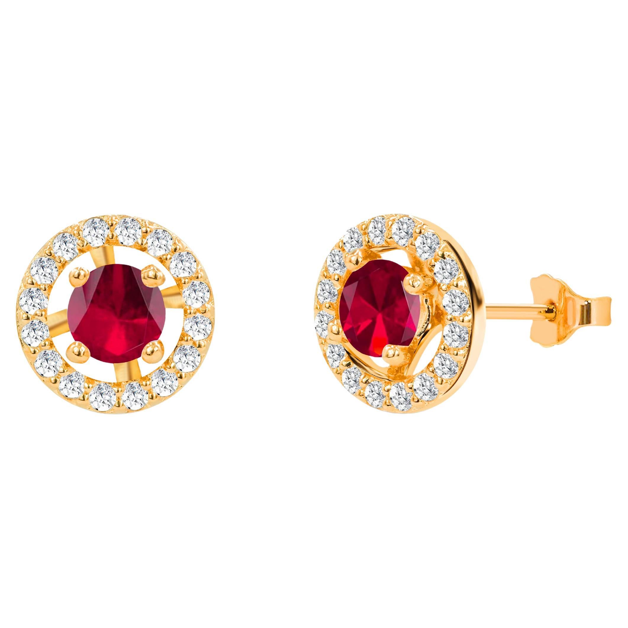 1.10 Ct Emerald, Ruby and Sapphire Halo Studs Earrings with Diamonds in 18K Gold For Sale