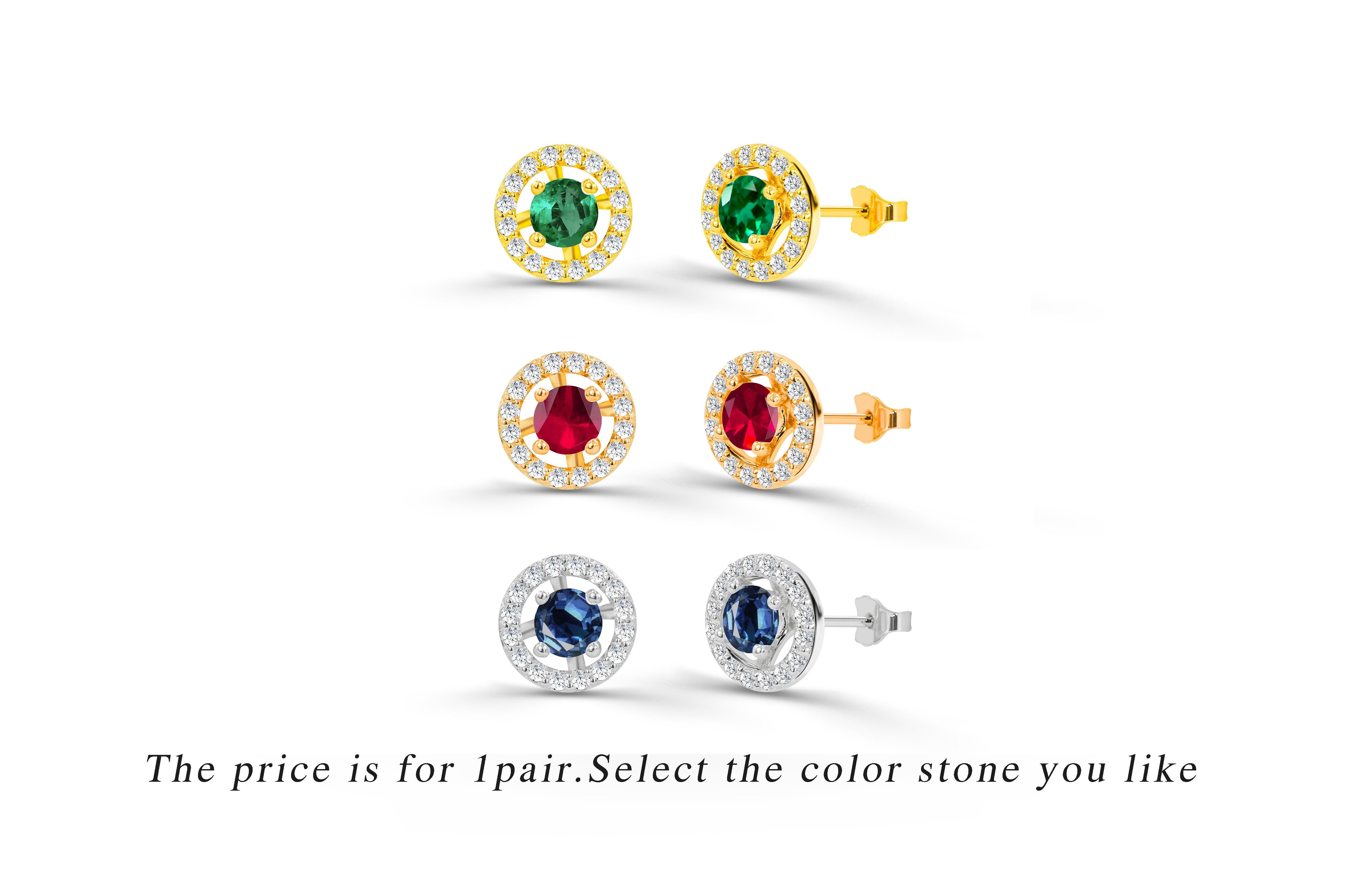 Women's or Men's 1.10 Ct Emerald, Ruby and Sapphire Halo Studs Earrings with Diamonds in 18K Gold For Sale