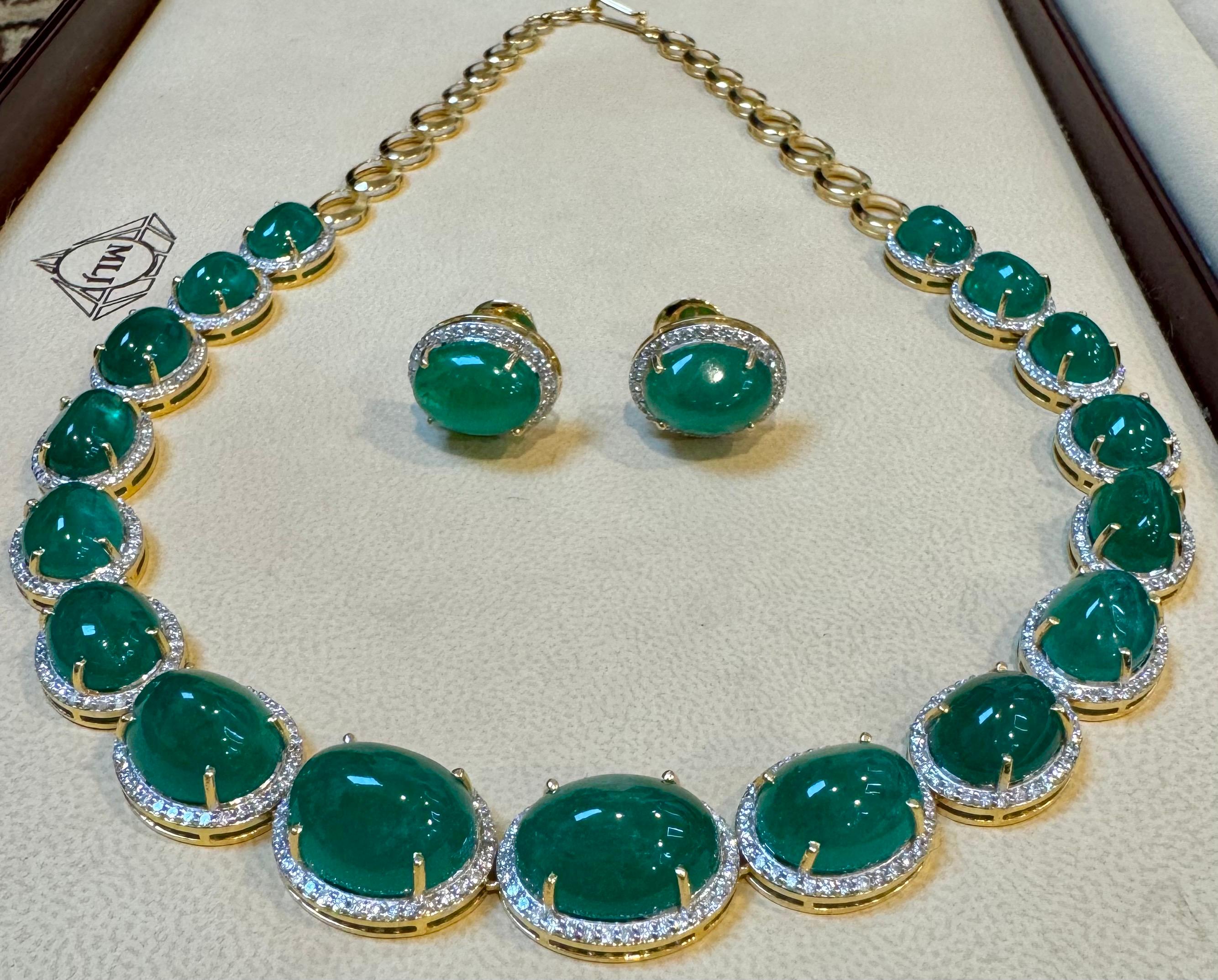 110 Ct Oval Natural Cabochon Emerald & Diamond Necklace, Earring Suite 14 K Gold For Sale 13
