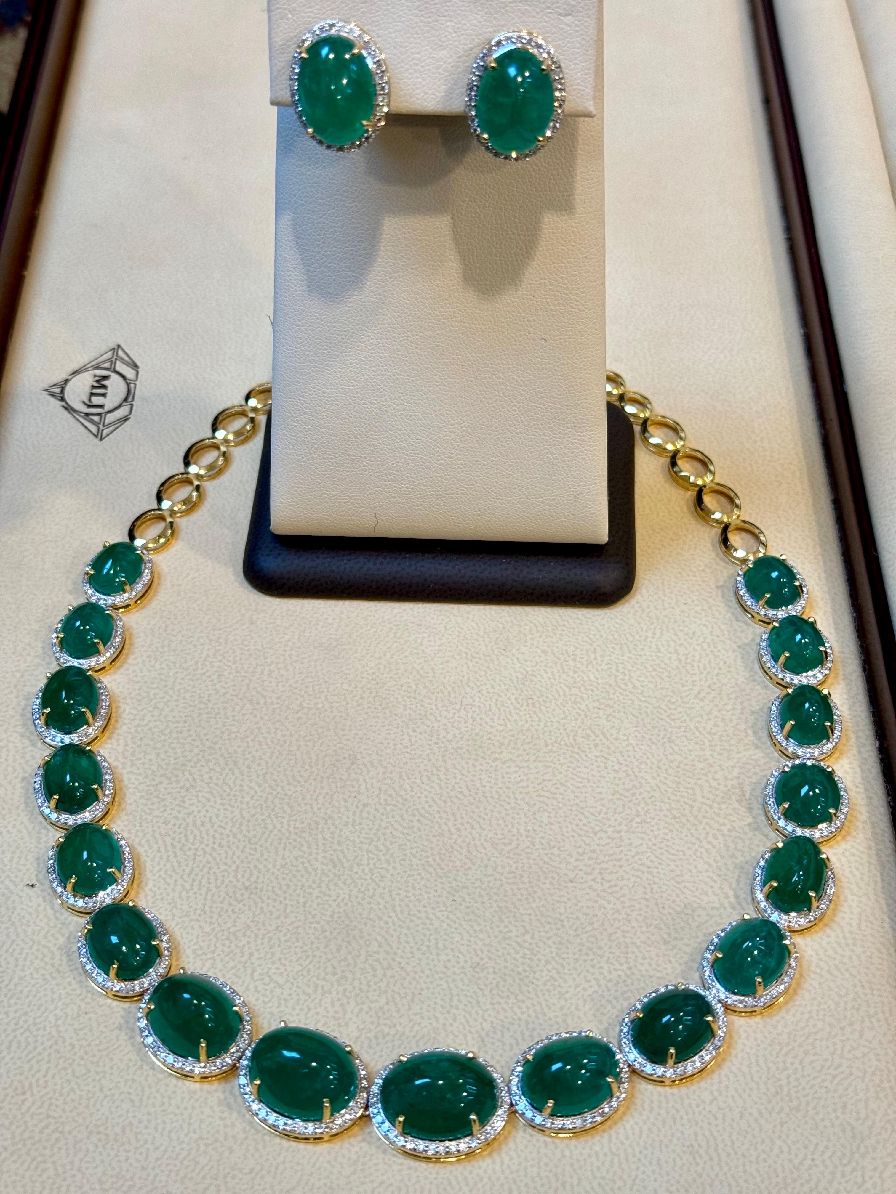 110 Ct Oval Natural Cabochon Emerald & Diamond Necklace, Earring Suite 14 K Gold For Sale 14