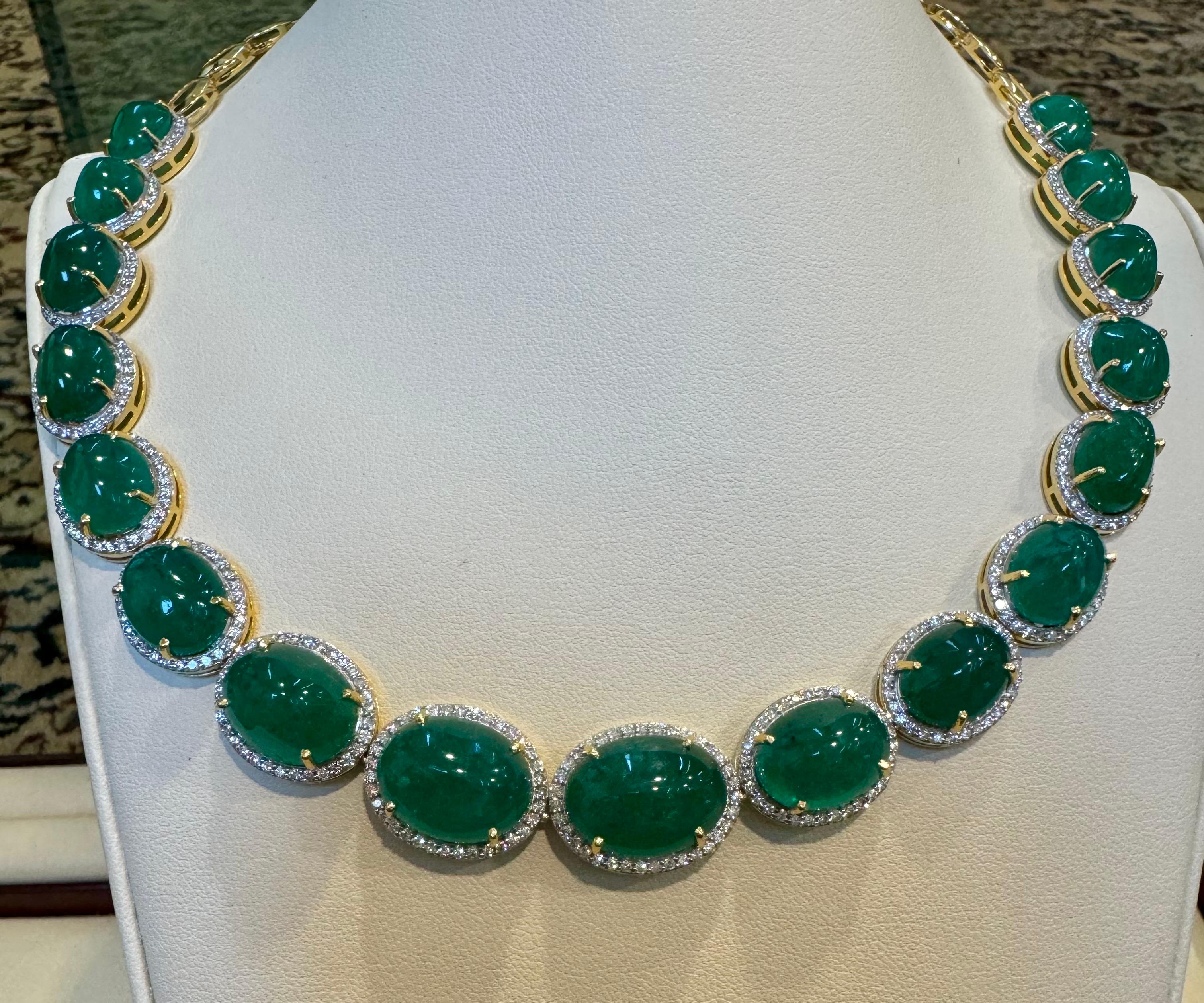 110 Ct Oval Natural Cabochon Emerald & Diamond Necklace, Earring Suite 14 K Gold For Sale 16