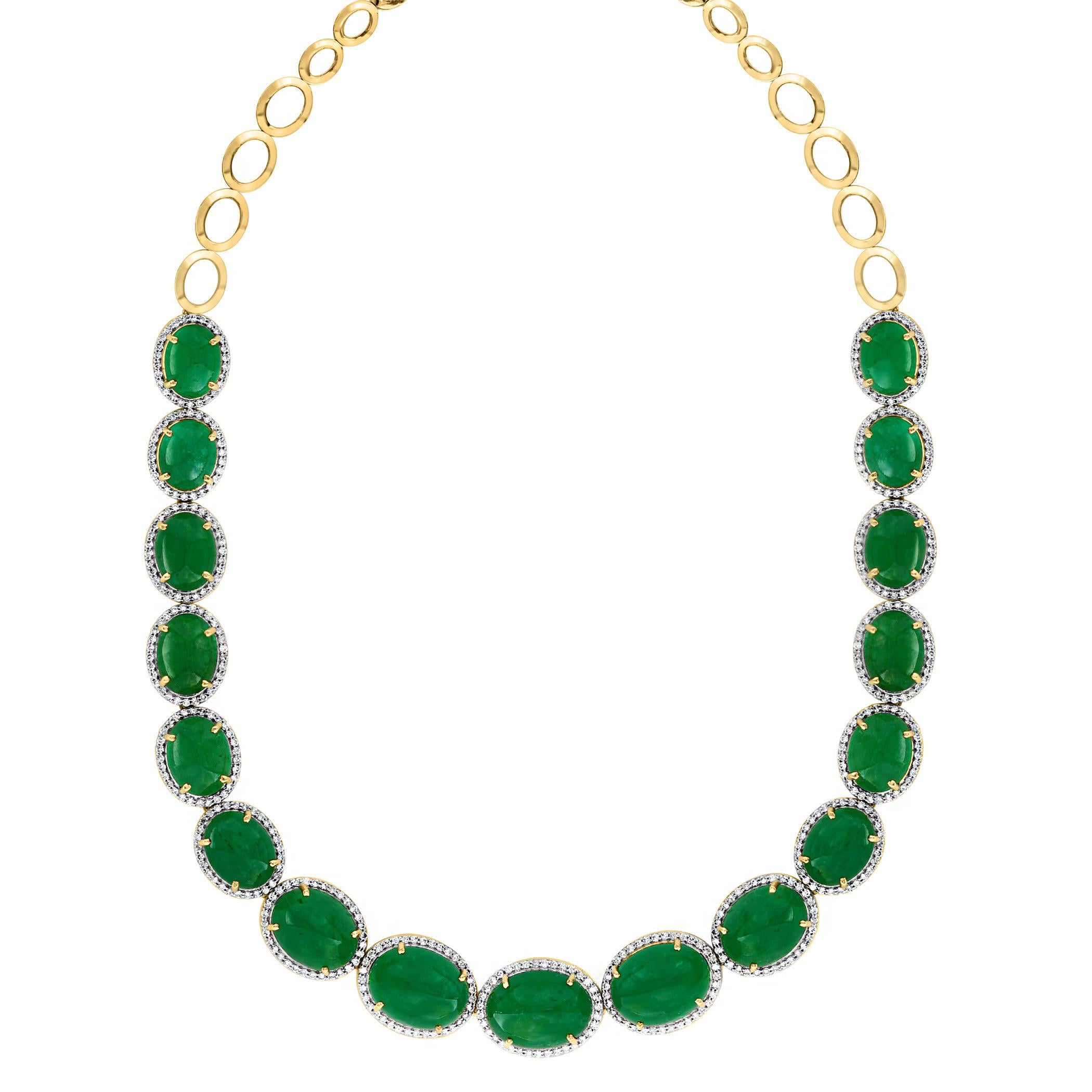 110 Ct Oval Natural Cabochon Emerald & Diamond Necklace, Earring Suite 14 K Gold In Excellent Condition For Sale In New York, NY