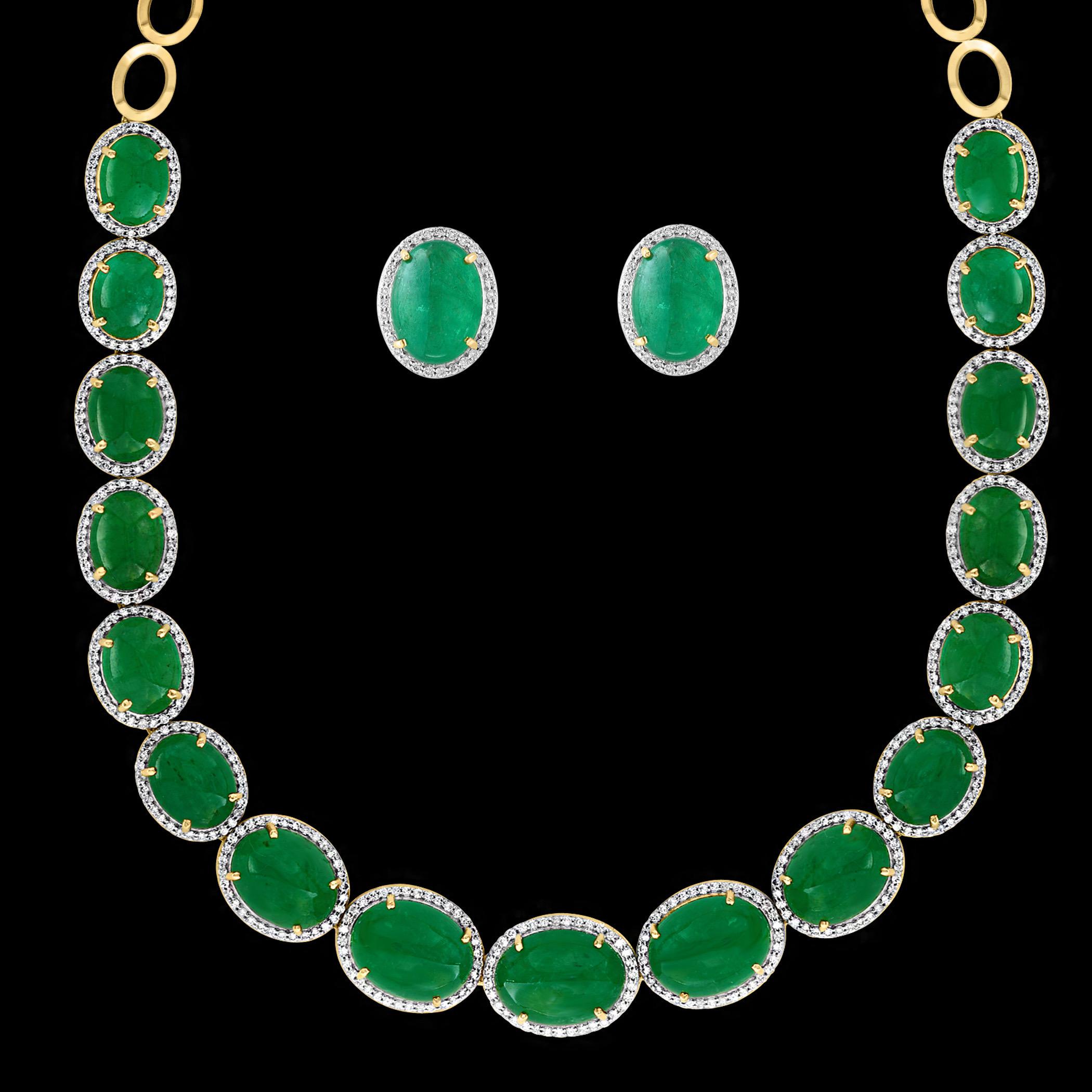 110 Ct Oval Natural Cabochon Emerald & Diamond Necklace, Earring Suite 14 K Gold For Sale 2