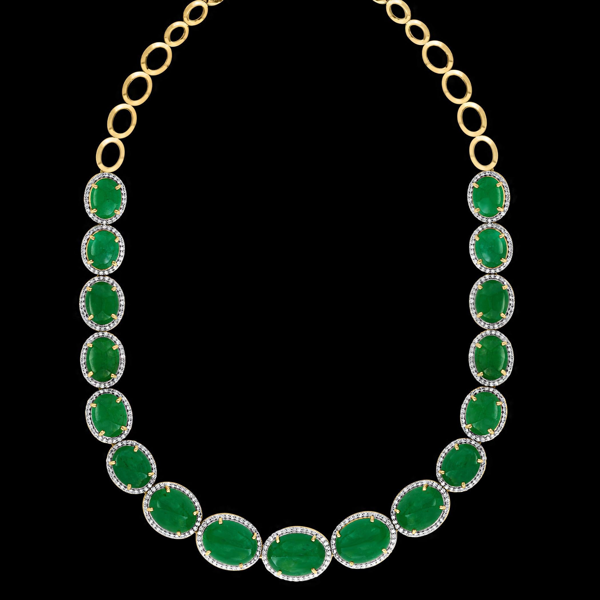 110 Ct Oval Natural Cabochon Emerald & Diamond Necklace, Earring Suite 14 K Gold For Sale 3