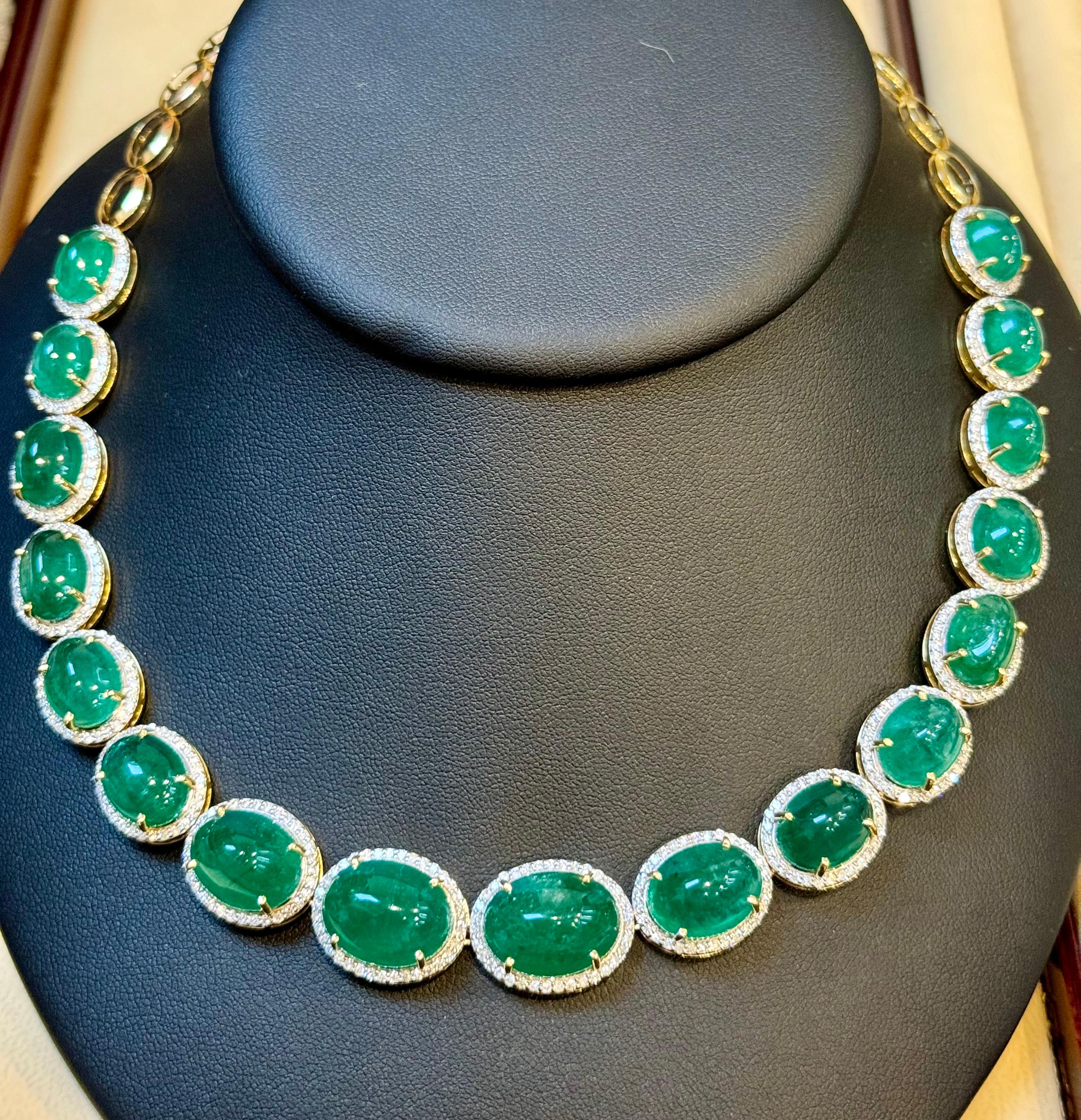 110 Ct Oval Natural Cabochon Emerald & Diamond Necklace, Earring Suite 14 K Gold For Sale 5