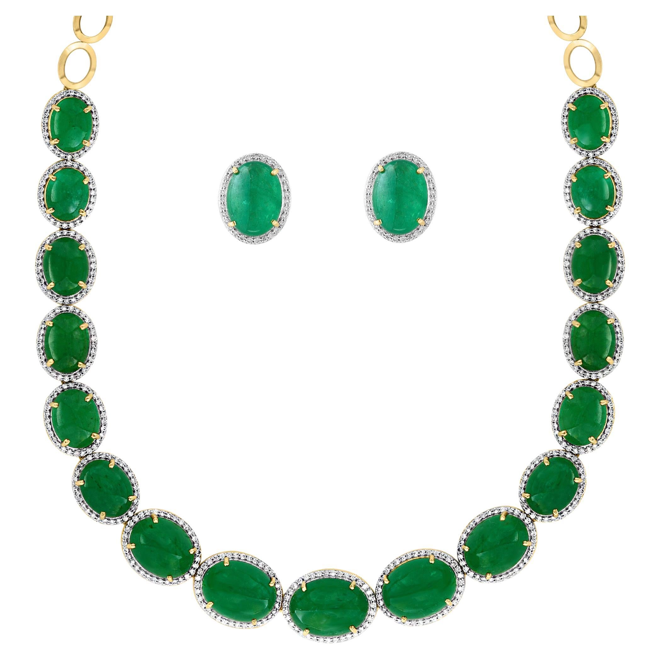 110 Ct Oval Natural Cabochon Emerald & Diamond Necklace, Earring Suite 14 K Gold