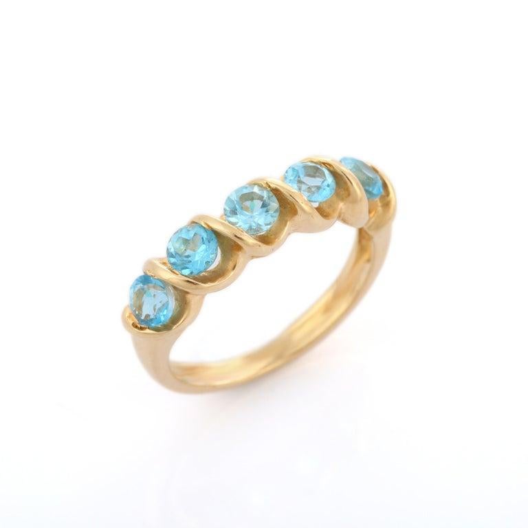 For Sale:  1.10 CT Round Cut Blue Topaz Half Eternity Band Ring in 14k Solid Yellow Gold 10