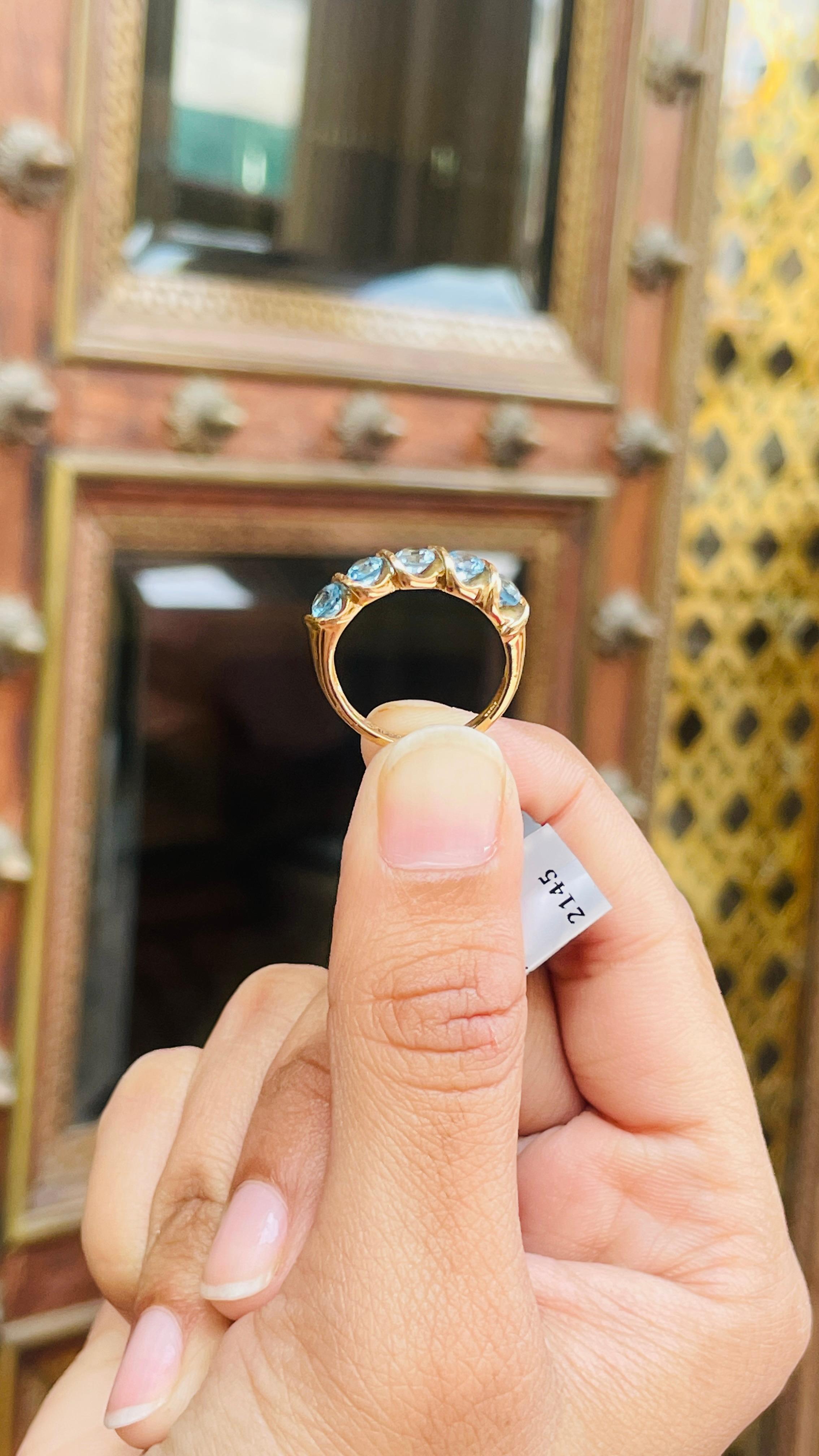 For Sale:  1.10 CT Round Cut Blue Topaz Half Eternity Band Ring in 14k Solid Yellow Gold 12