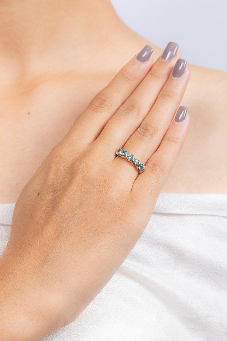 For Sale:  1.10 CT Round Cut Blue Topaz Half Eternity Band Ring in 14k Solid Yellow Gold 13