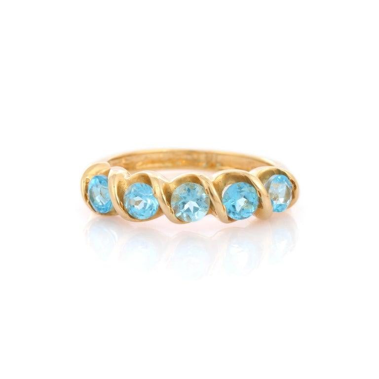 For Sale:  1.10 CT Round Cut Blue Topaz Half Eternity Band Ring in 14k Solid Yellow Gold 14