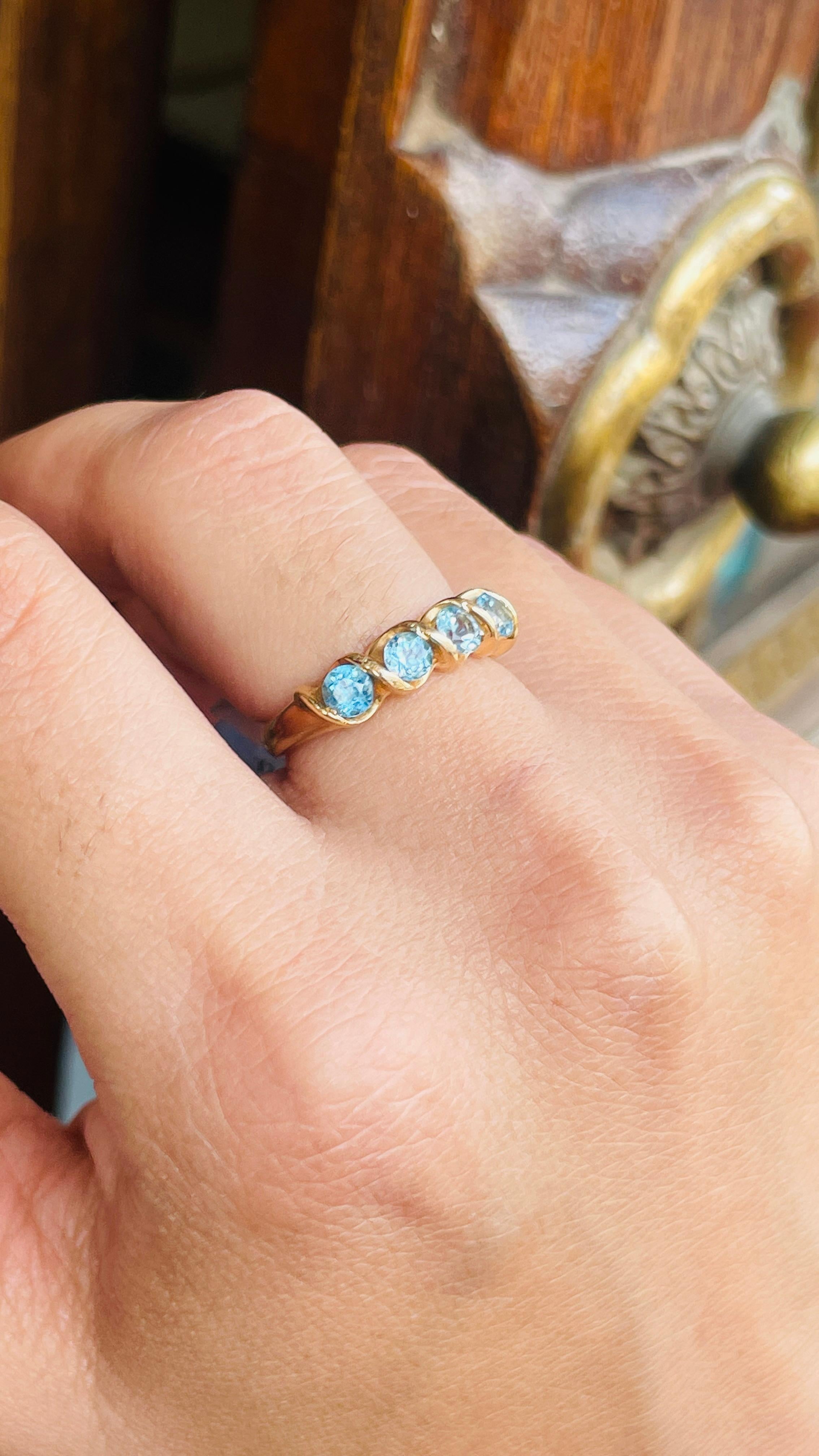 For Sale:  1.10 CT Round Cut Blue Topaz Half Eternity Band Ring in 14k Solid Yellow Gold 15