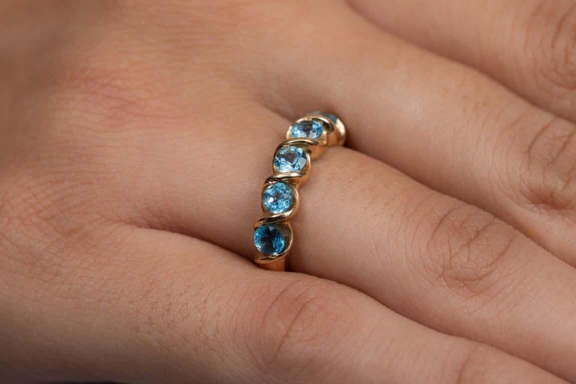 For Sale:  1.10 CT Round Cut Blue Topaz Half Eternity Band Ring in 14k Solid Yellow Gold 2