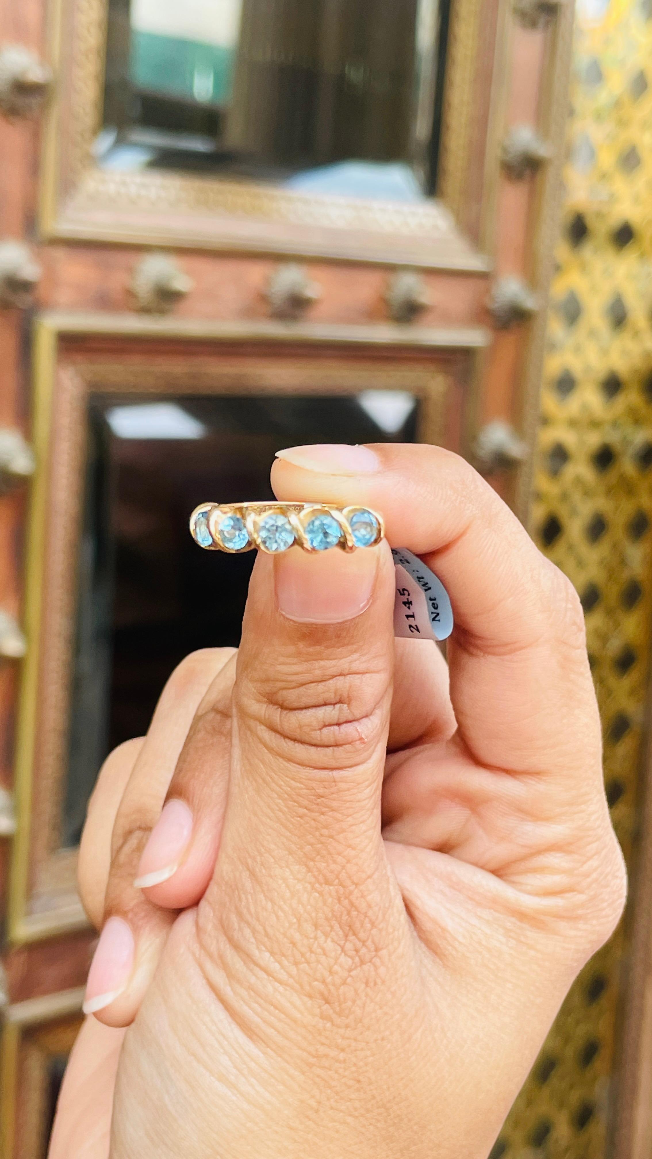 For Sale:  1.10 CT Round Cut Blue Topaz Half Eternity Band Ring in 14k Solid Yellow Gold 3