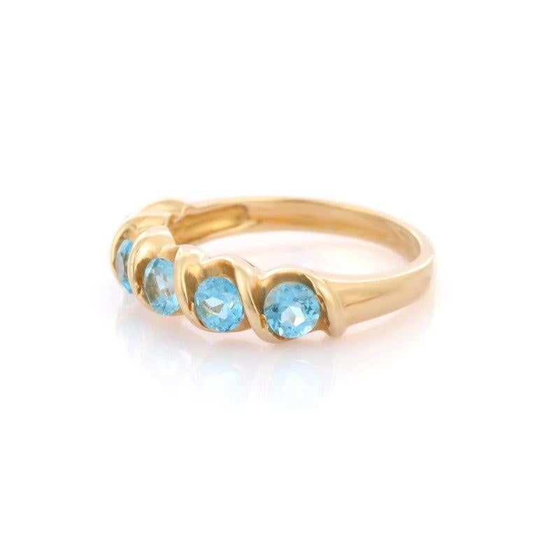 For Sale:  1.10 CT Round Cut Blue Topaz Half Eternity Band Ring in 14k Solid Yellow Gold 4