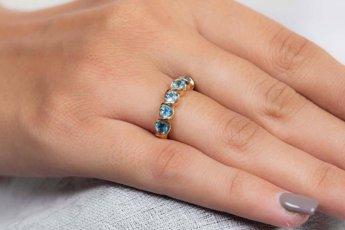For Sale:  1.10 CT Round Cut Blue Topaz Half Eternity Band Ring in 14k Solid Yellow Gold 5