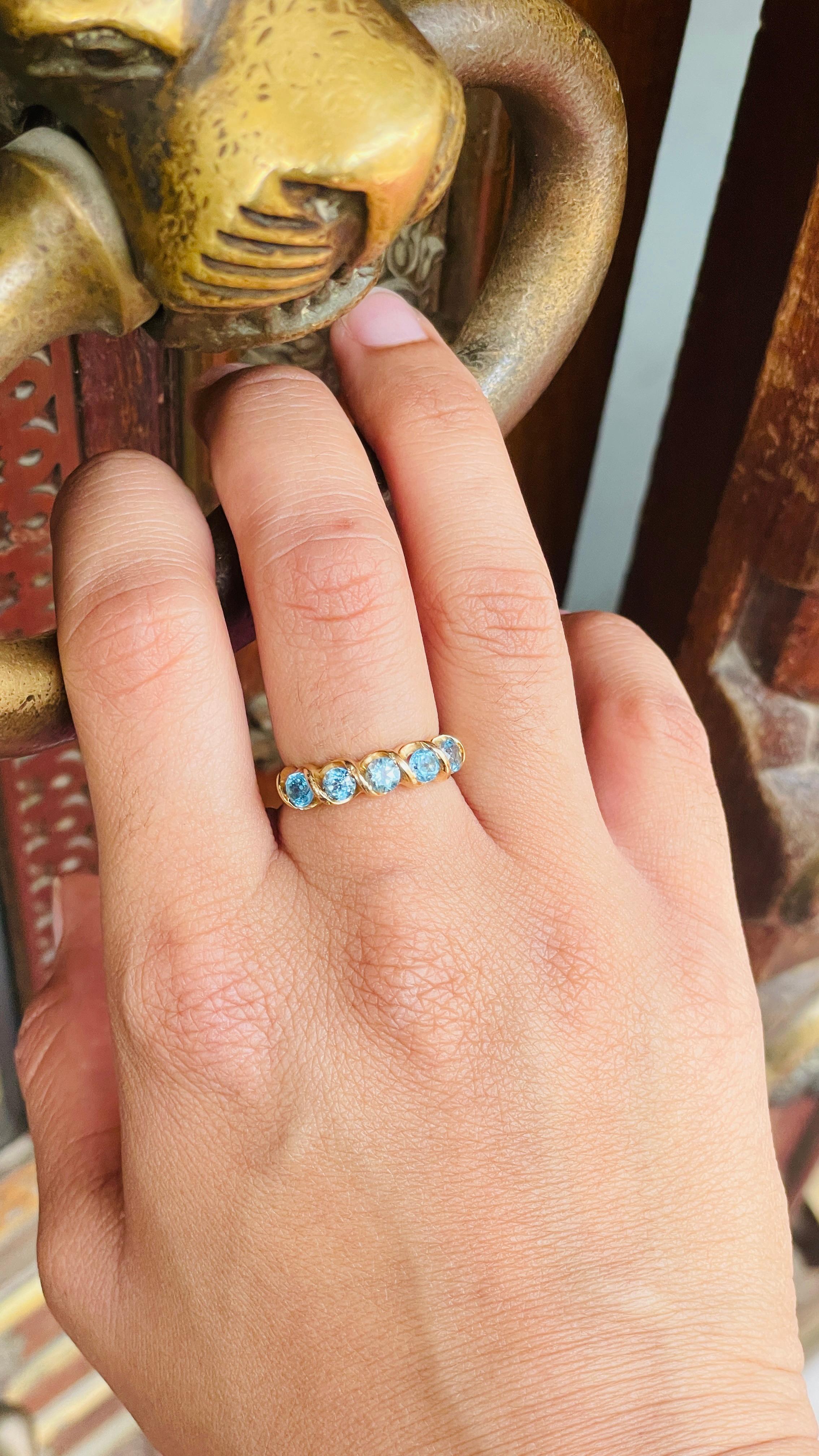 For Sale:  1.10 CT Round Cut Blue Topaz Half Eternity Band Ring in 14k Solid Yellow Gold 6