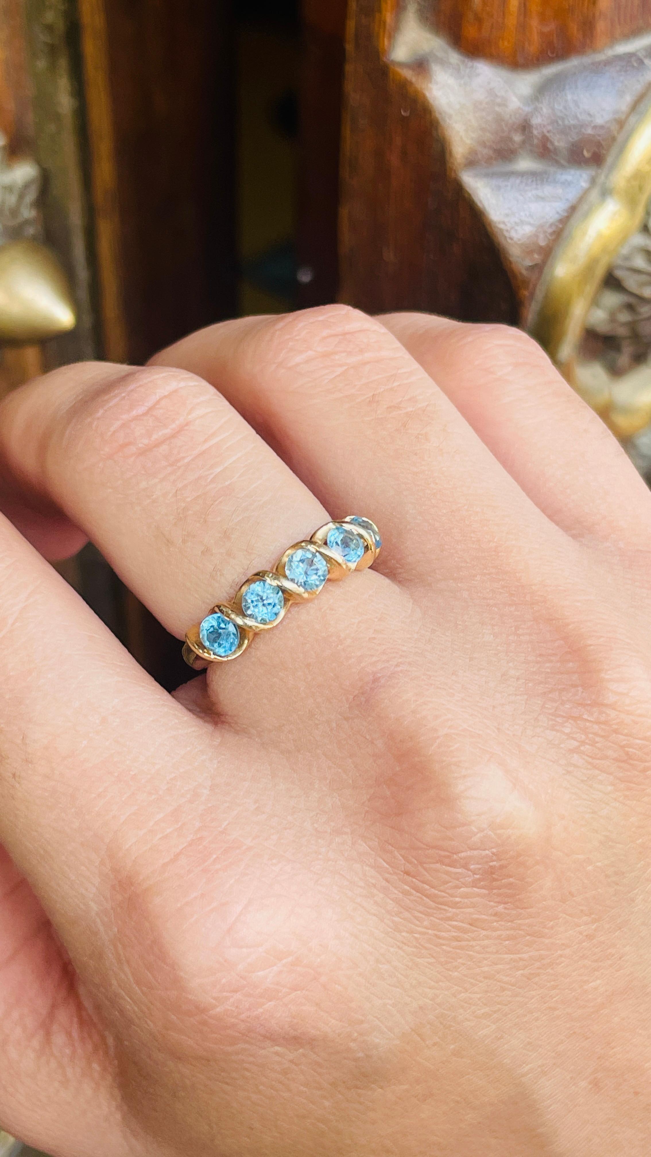 For Sale:  1.10 CT Round Cut Blue Topaz Half Eternity Band Ring in 14k Solid Yellow Gold 9