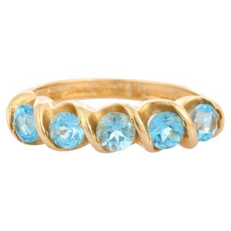 1.10 CT Round Cut Blue Topaz Half Eternity Band Ring in 14k Solid Yellow Gold