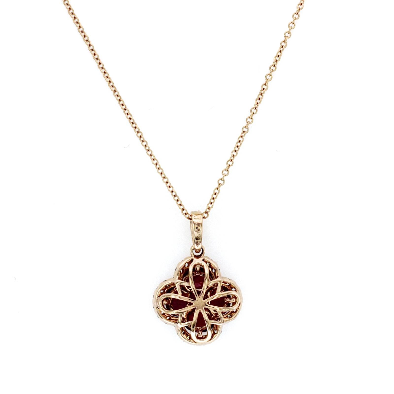 1.10 CT Ruby 0.25 CT Diamond 18K Rose Gold Four Leaf Flower Pendant Necklace For Sale 1