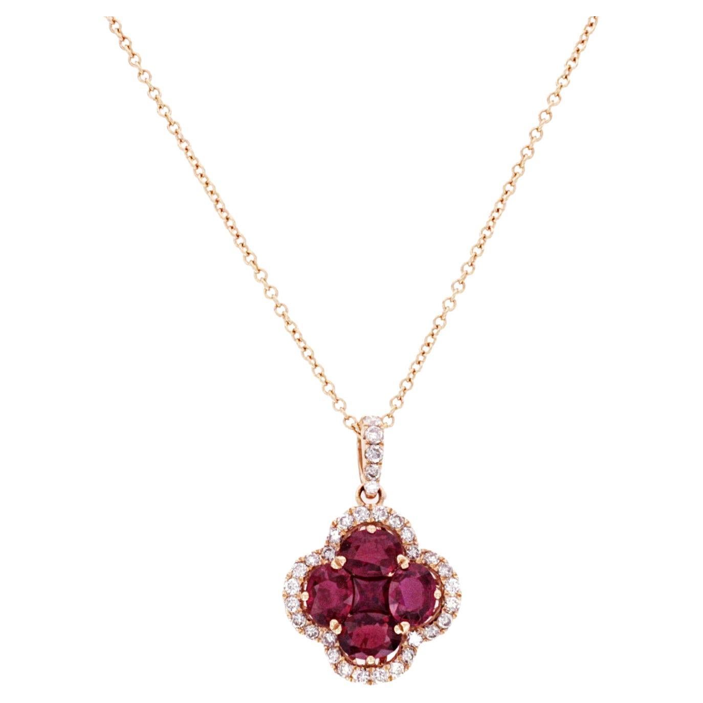 1.10 CT Ruby 0.25 CT Diamond 18K Rose Gold Four Leaf Flower Pendant Necklace For Sale