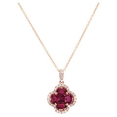 1.10 CT Ruby 0.25 CT Diamond 18K Rose Gold Four Leaf Flower Pendant Necklace