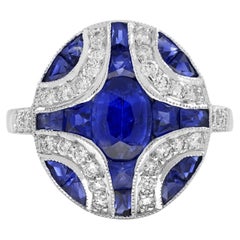 1.10 Ct. Sapphire Diamond Art Deco Style Engagement Ring in 18K White Gold