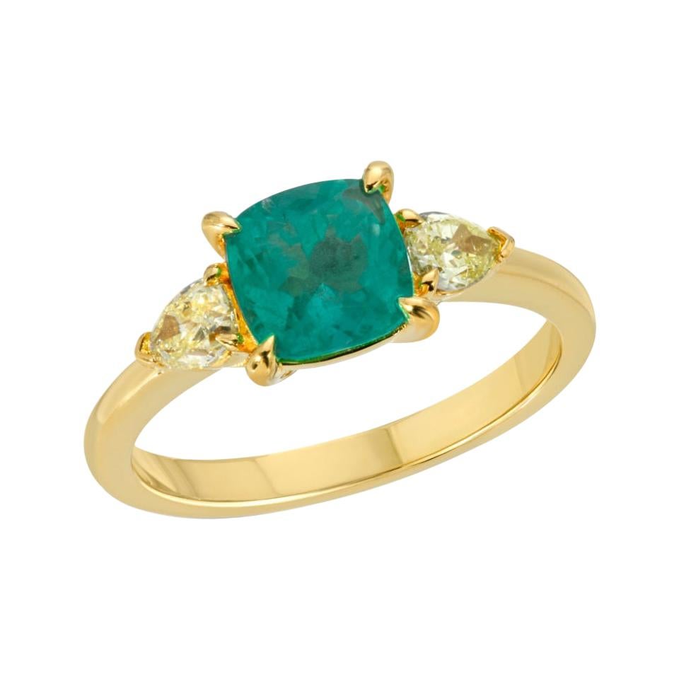 1.10 Ct Zambian Emerald & 0.46 Ct Diamonds in 18k Yellow Gold Engagement Ring For Sale