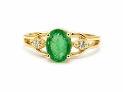 1.10 Ct Zambian Emerald Solitaire Band 14K Yellow Gold Emerald Diamond Solitaire