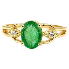 1.10 Ct Zambian Emerald Solitaire Band 14K Yellow Gold Emerald Diamond Solitaire