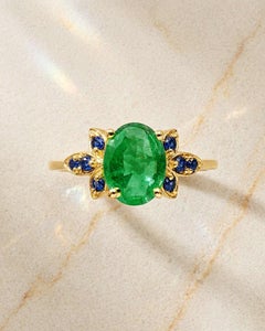 Anello solitario da donna con smeraldo dello Zambia da 1,10 carati, in oro 14K, con fascia in smeraldo e zaffiro