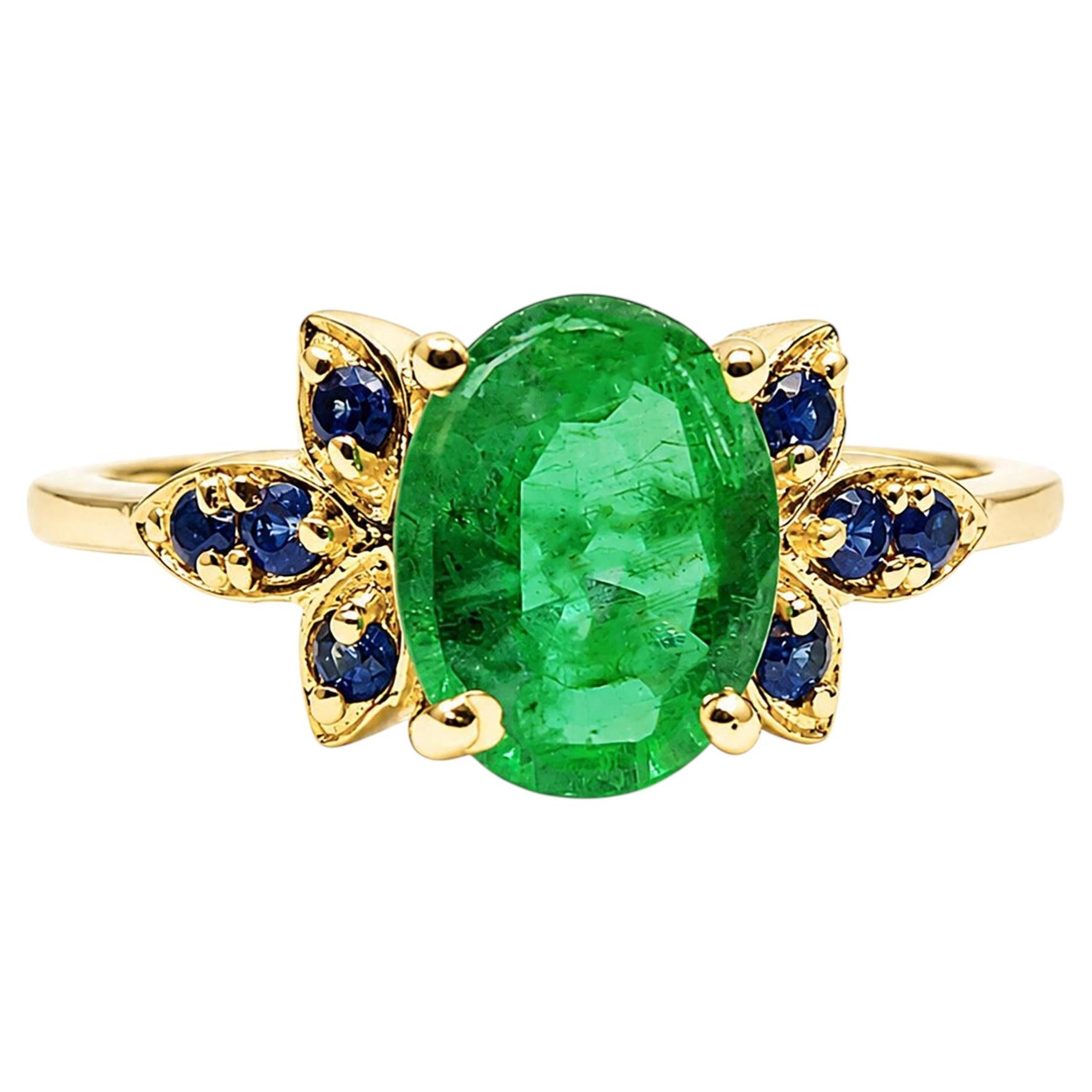 1.10 Ct Zambian Emerald Solitaire Ring Women 14K Gold Emerald Sapphire Band For Sale