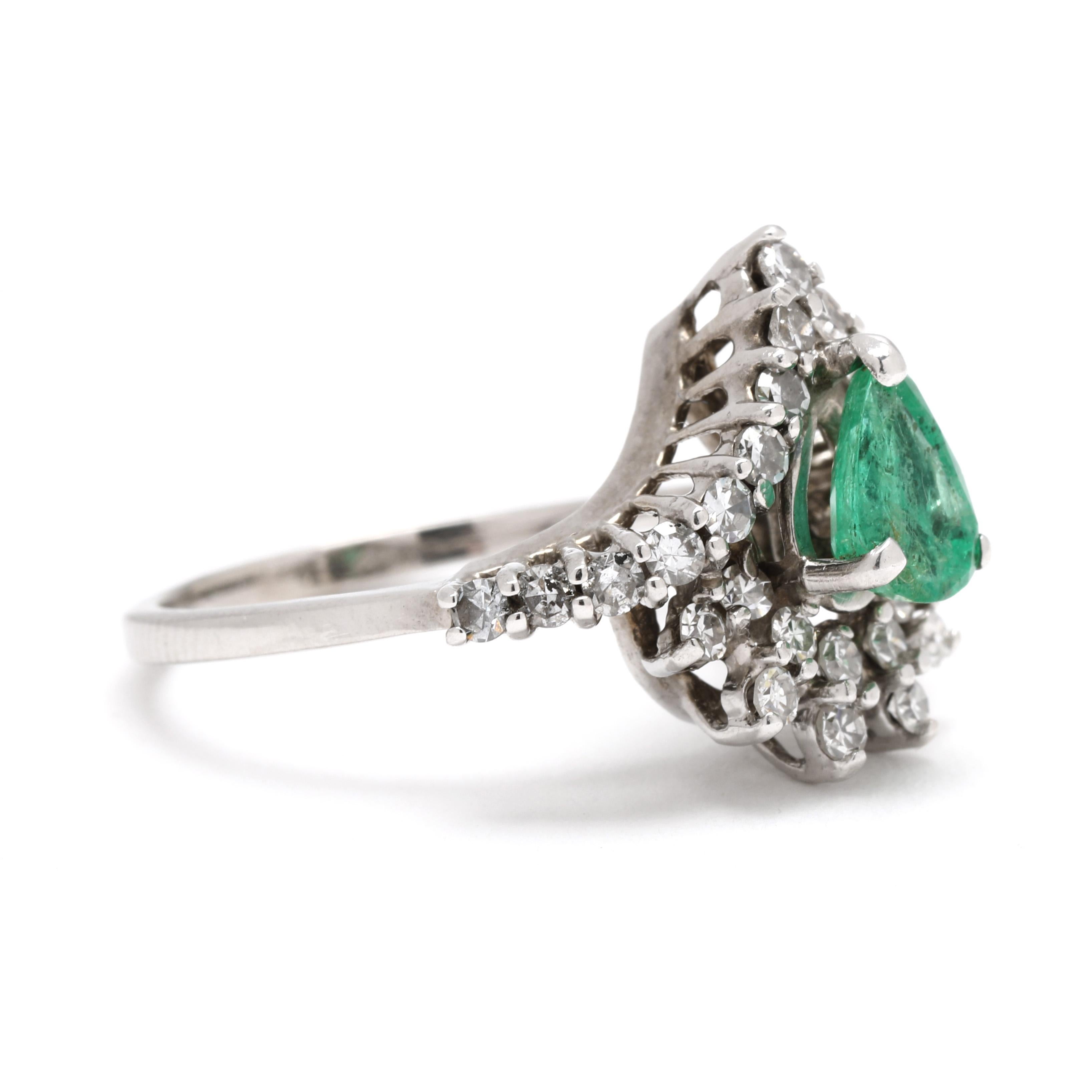 Steine:
Smaragd, 1 Stein
Birnenschnitt
7 x 5 mm
etwa .60 Karat
Diamanten, 29 Steine
Einzelschnitt rund
1,5 - 1,75 mm
etwa 0,50 Karat insgesamt

Ring Größe 5.25

Länge: 14,8 mm

Gewicht: 2 dwts. / 3,1 Gramm

Briefmarken: 