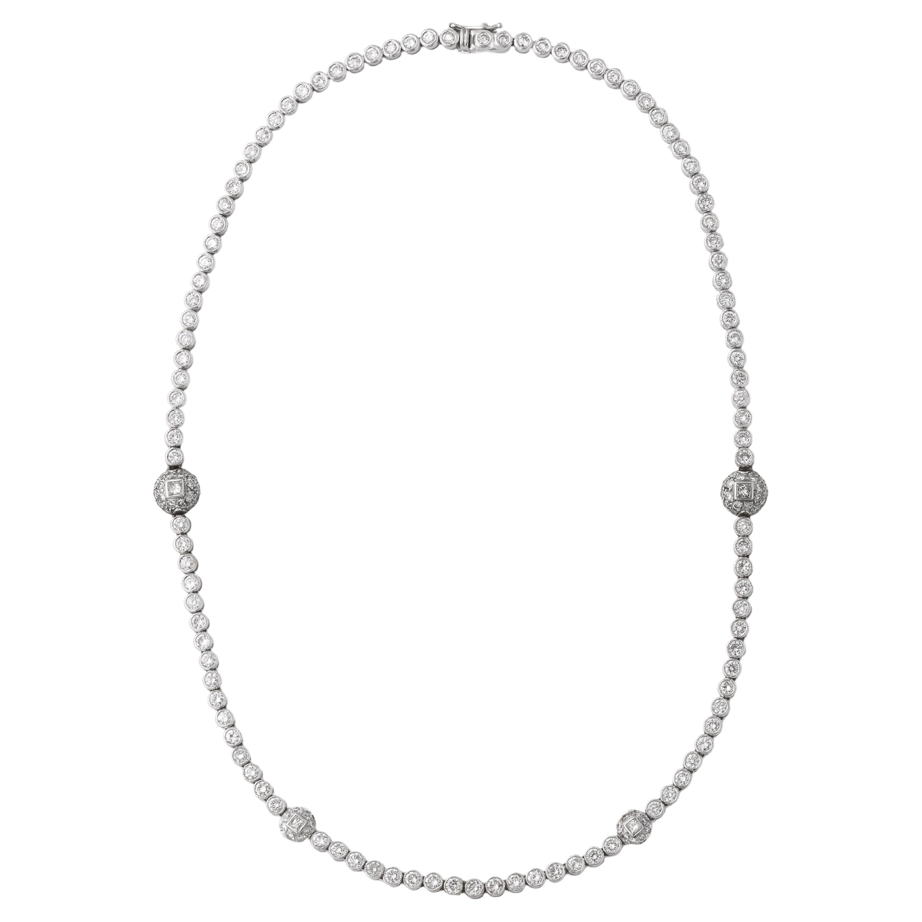 1Diamond Riviere White Gold Necklace With Pave" Diamond  Clusters 